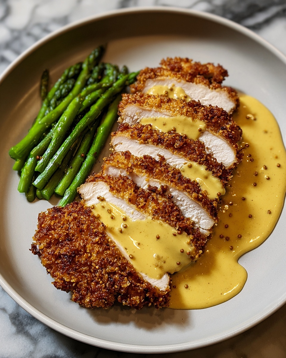 A white plate holds five slices of crispy brown chicken breast arranged in a neat row, each slice showing the juicy, white interior. A thick drizzle of yellow mustard sauce with visible mustard seeds is spread over the chicken and pools slightly on the right side of the plate. On the left side, a small stack of bright green cooked asparagus spears rests next to the chicken. The plate sits on a white marbled surface. photo taken with an iphone --ar 4:5 --v 7