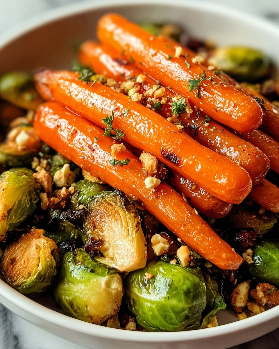 A close-up of a bowl filled with roasted baby carrots and Brussels sprouts. The carrots are bright orange with a shiny, slightly glazed texture and some brown char marks, stacked on top and in the middle. Beneath and around the carrots, the Brussels sprouts are green with crispy browned edges, showing inner layers and texture. Small bits of herbs and crushed nuts or seasoning are sprinkled over the vegetables, adding detail and color contrast. The bowl is white, resting on a white marbled surface. photo taken with an iphone --ar 4:5 --v 7