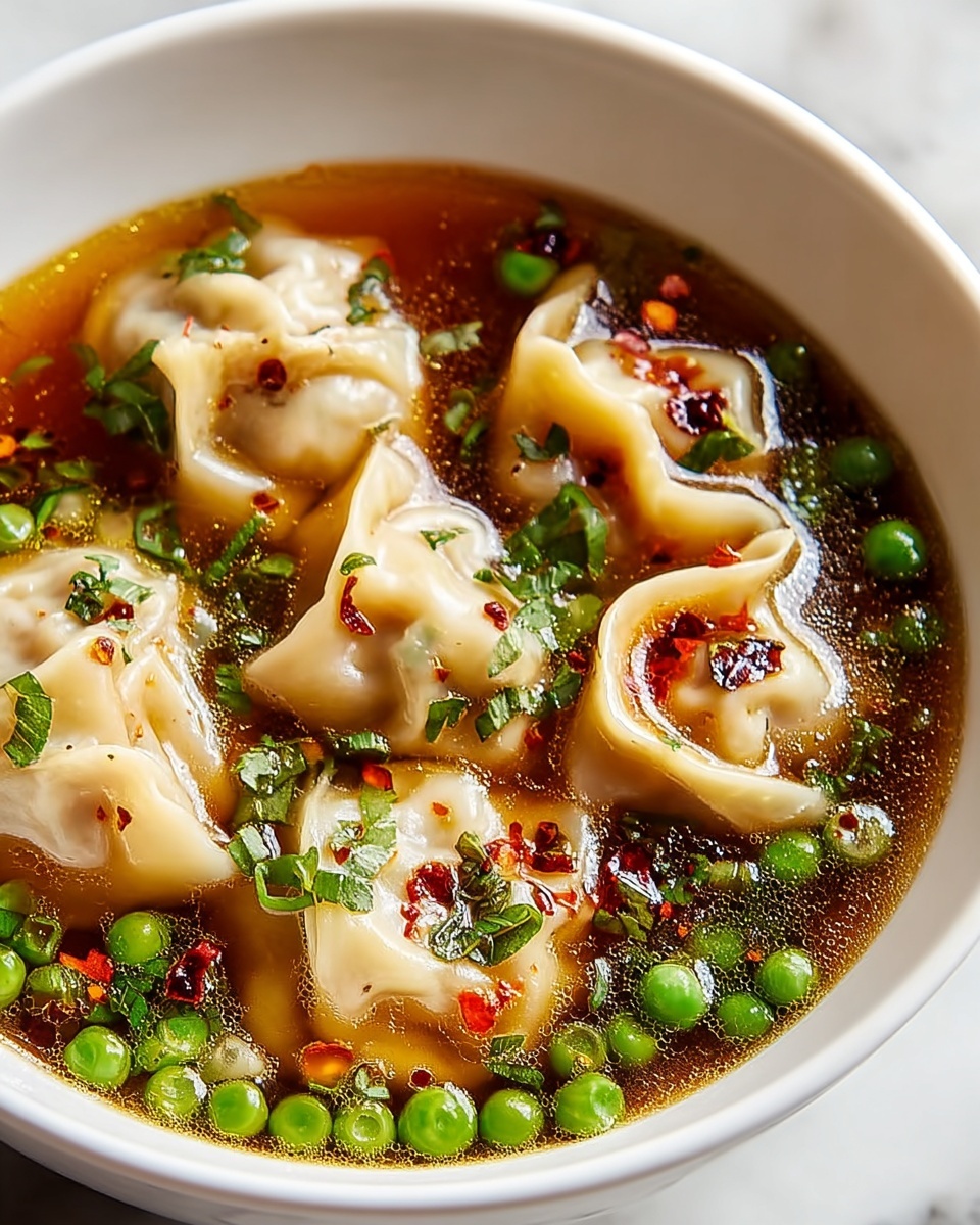 A white bowl filled with six dumplings floating in a clear brown broth. The dumplings are light beige with soft, folded edges, and are partly submerged in the soup. Bright green peas scattered around the dumplings add color contrast. Small red chili flakes and chopped green herbs are sprinkled on top, giving a textured look. The soup liquid glistens slightly with small bubbles of oil on the surface, making the dish look fresh and warm. The bowl sits on a white marbled surface. Photo taken with an iphone --ar 4:5 --v 7