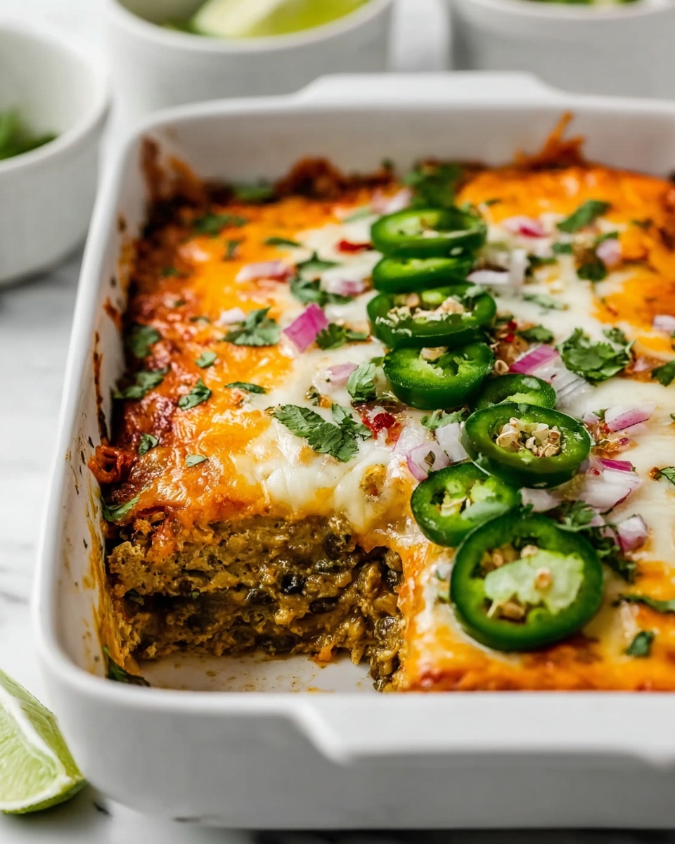 A baked dish in a white rectangular ceramic baking dish showing multiple layers with the bottom layers filled with a textured green and orange vegetable mixture, topped with a thick layer of melted white and yellow cheese. On top of the cheese, there are four large green jalapeño slices placed in a straight line across the center. Scattered finely chopped purplish-red onions and fresh green herbs add color and texture on the surface. The edges of the cheese are slightly browned and crispy. The dish is set against a white marbled texture. Photo taken with an iphone --ar 4:5 --v 7