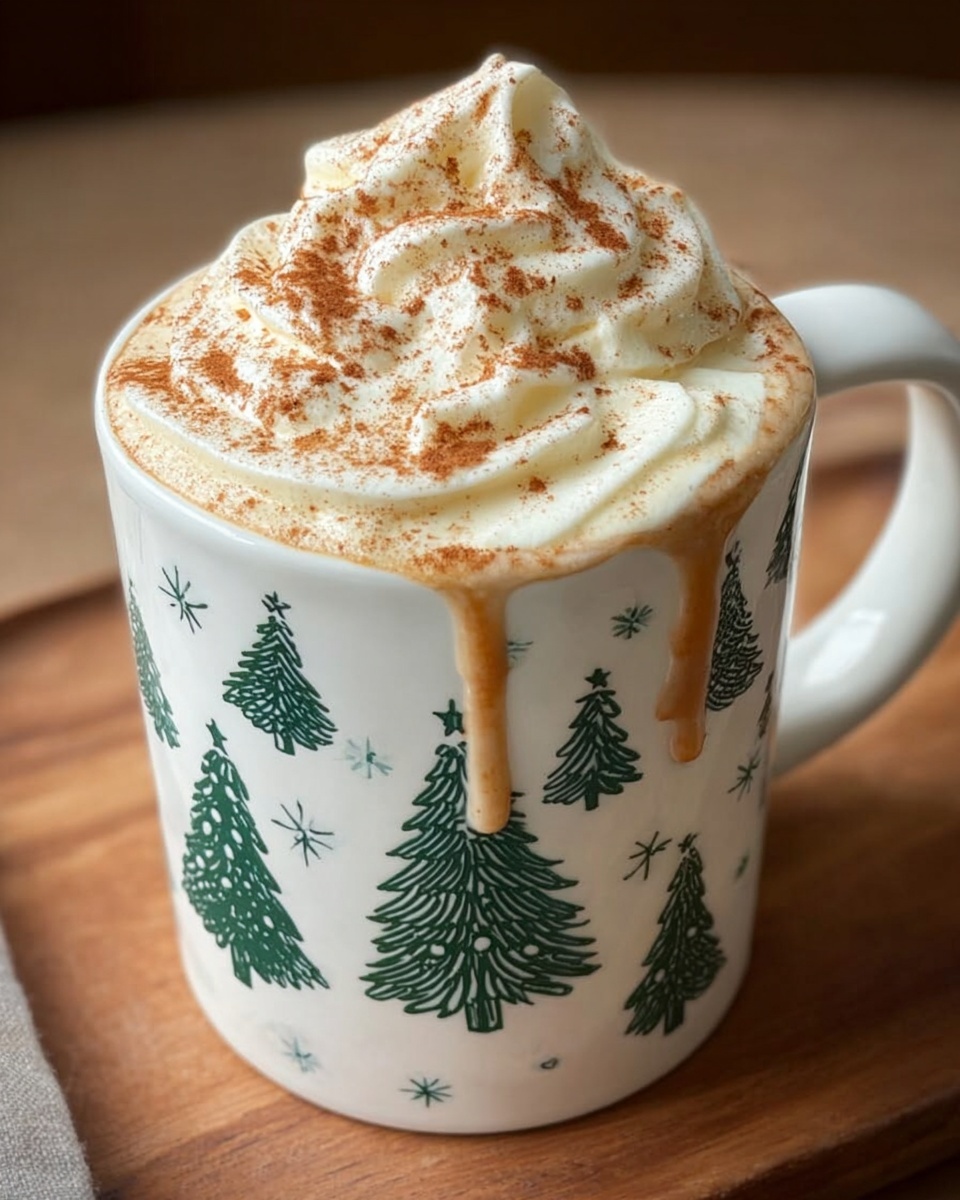 A white mug with green Christmas tree and star patterns is filled with a creamy light brown drink, topped with a thick swirl of white whipped cream. A light dusting of brown cinnamon powder is sprinkled on top of the whipped cream. Some of the creamy drink has spilled slightly down the side of the mug and onto the wooden surface beneath. The background is a white marbled texture. Photo taken with an iphone --ar 4:5 --v 7