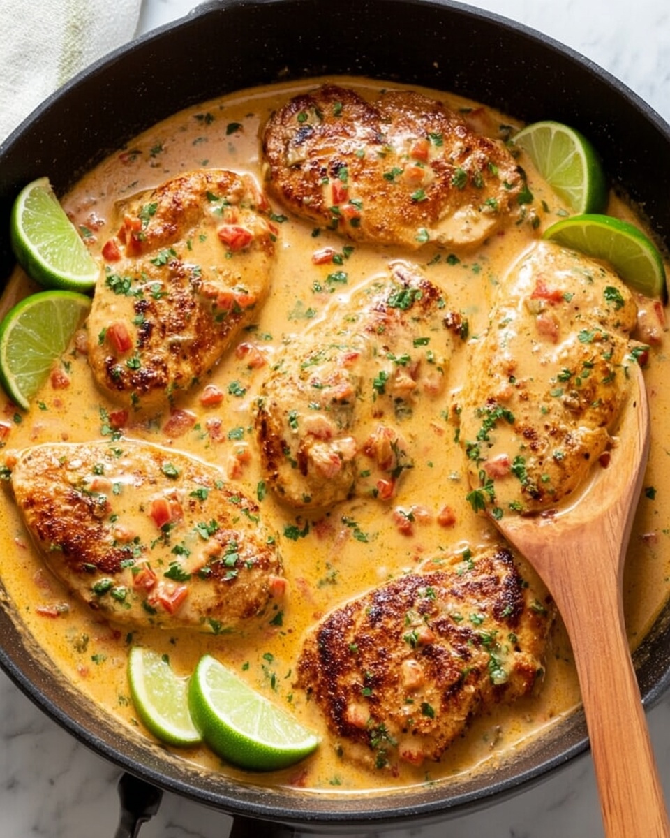 A black pan holds five browned chicken breasts covered in a thick, creamy orange sauce with small bits of red and green vegetables mixed in. Bright green lime wedges are placed evenly around the chicken, and finely chopped green herbs are sprinkled over the dish. A wooden spoon rests on the edge of the pan. The pan is set on a white marbled surface. photo taken with an iphone --ar 4:5 --v 7