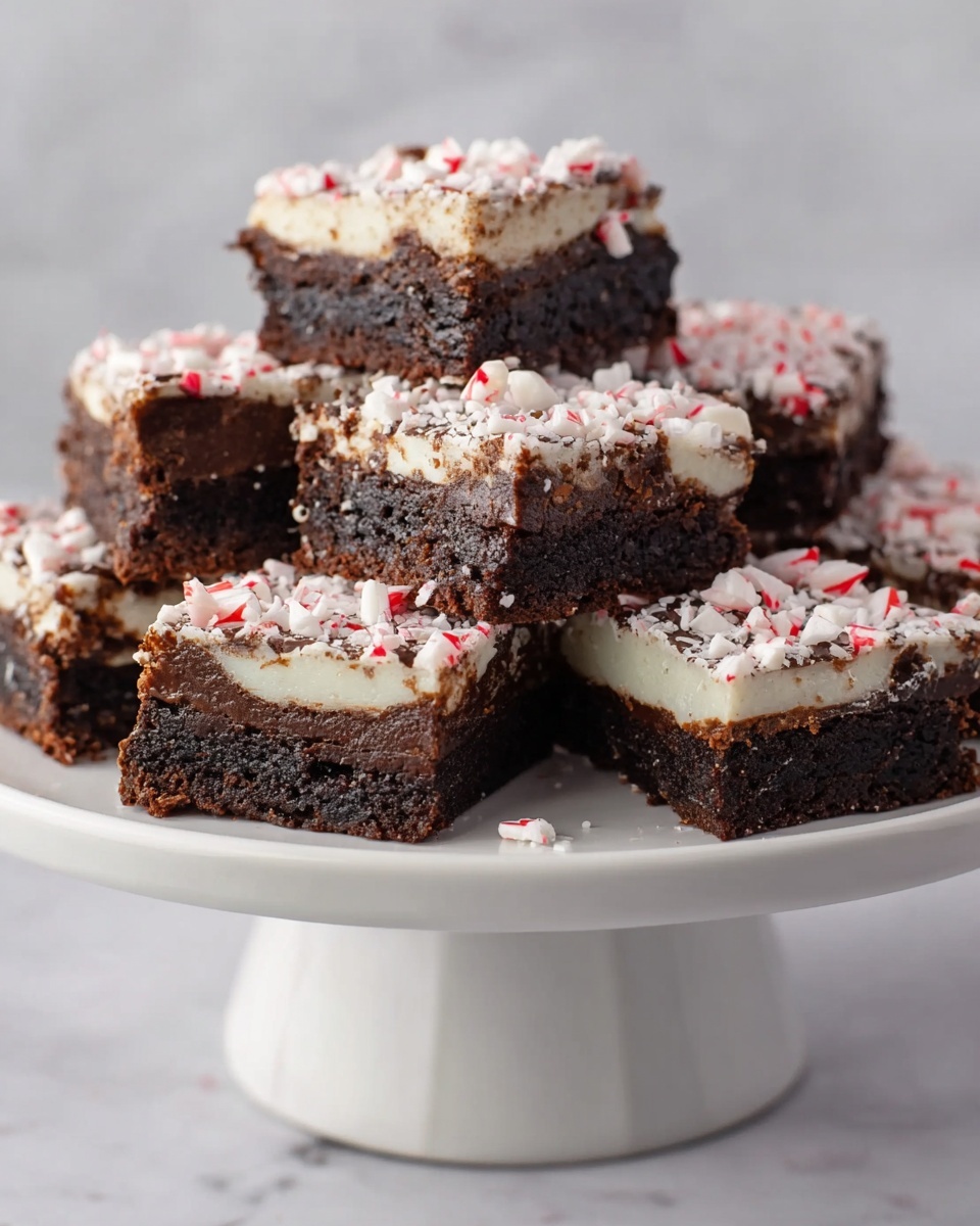 A white cake stand holds multiple square brownies stacked and arranged in a pile. Each brownie has three clear layers: a dense, dark brown base; a middle white creamy layer; and a top glossy dark brown chocolate layer sprinkled with small white and red crushed peppermint pieces. The brownies have clean, straight edges, and the white marbled surface beneath the stand is softly blurred in the background. photo taken with an iphone --ar 4:5 --v 7