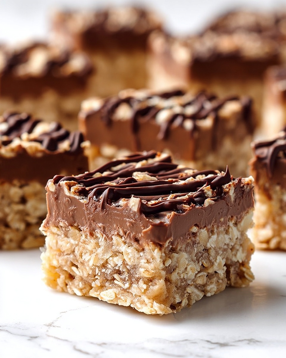 The image shows square-shaped dessert bars with three distinct layers. The bottom layer is a dense, light brown oat mixture with bits of chocolate inside. The middle layer is a thick, smooth, dark chocolate filling that looks rich and creamy. The top layer is a crumbly oat mixture similar to the bottom, with a drizzle of dark chocolate zig-zagged over it. All the bars are placed on a white marbled surface, showing texture and detail clearly. The focus is on one bar in the front, with more bars blurred in the background. photo taken with an iphone --ar 4:5 --v 7
