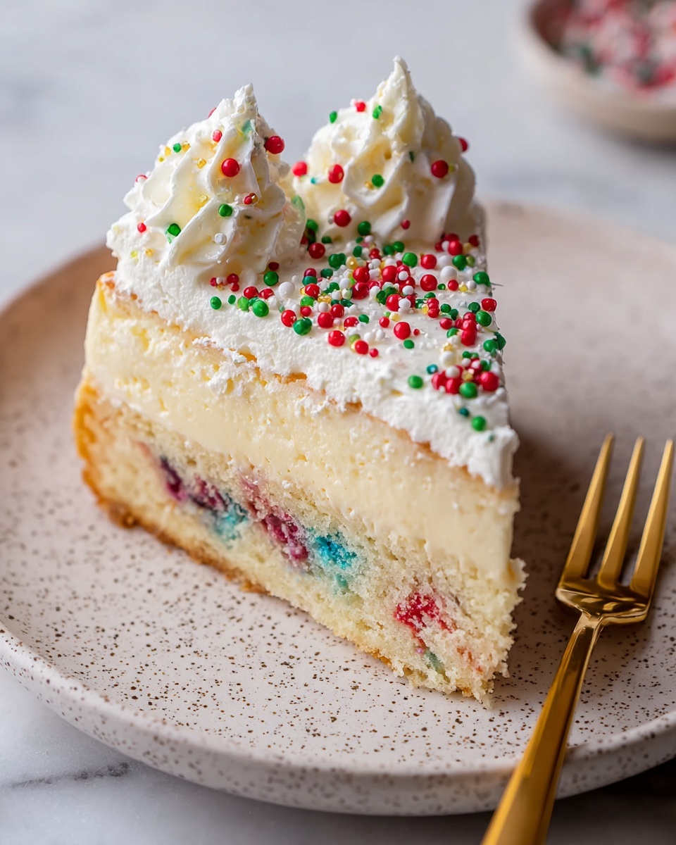 A slice of colorful layered cake sits on a white plate with a brown rim, placed on a white marbled surface. The cake has three layers: the bottom layer is a light, dense cake speckled with red, blue, and purple spots; the middle layer is a thick, smooth creamy custard that is a soft yellow color with hints of colorful bits inside; the top layer is fluffy white whipped cream decorated with small, colorful round sprinkles in red, green, yellow, and white, and two small peaks of whipped cream. A bronze fork rests beside the cake on the plate. Photo taken with an iphone --ar 4:5 --v 7