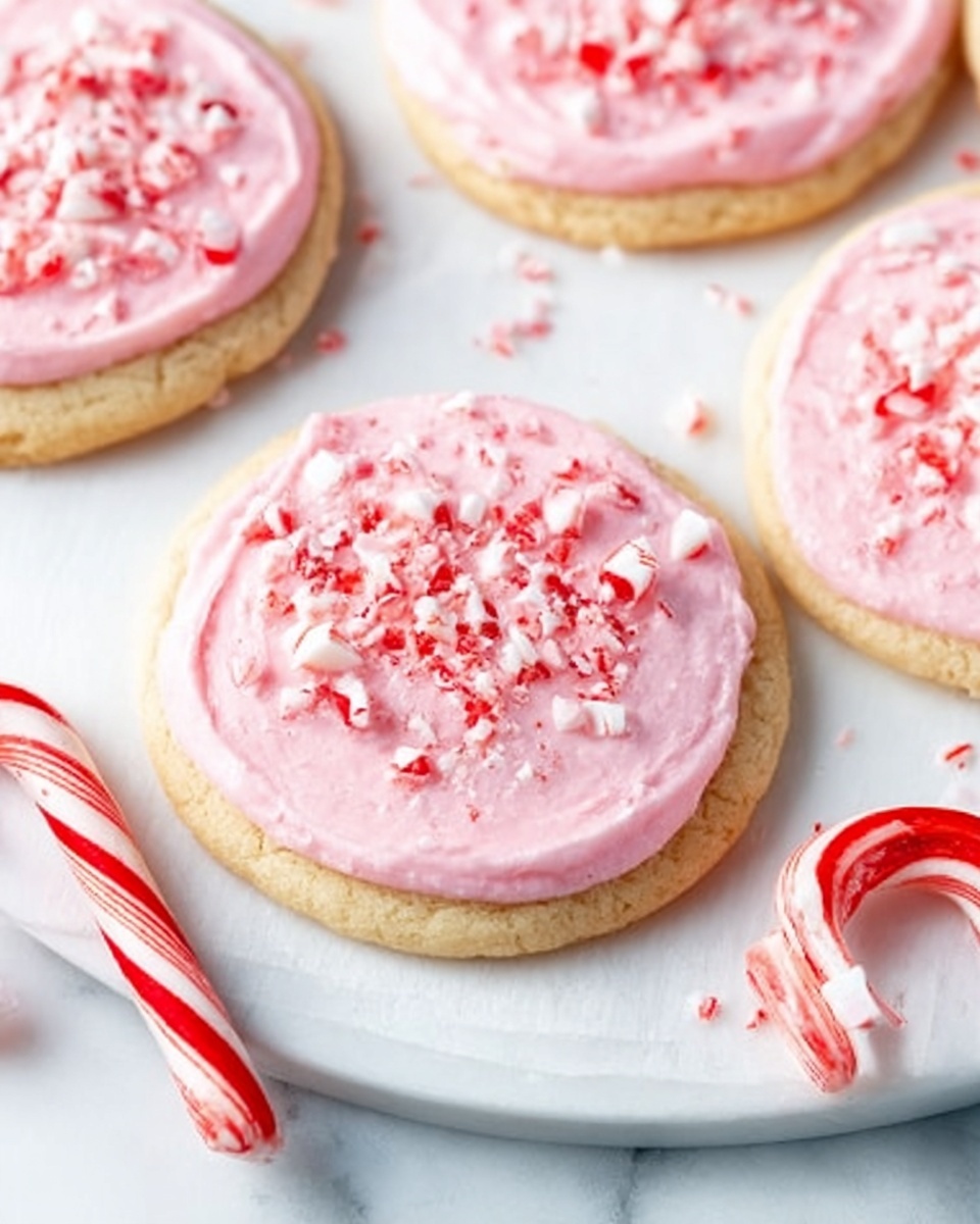 The image shows round cookies on a white plate with a white marbled background. Each cookie has a smooth layer of light pink frosting spread evenly on top. Small pieces of crushed red and white peppermint candy are sprinkled over the frosting, adding texture and color contrast. The cookies are light golden brown with a soft, slightly crumbly texture. Two red and white striped candy canes lie nearby on the surface. Photo taken with an iphone --ar 4:5 --v 7