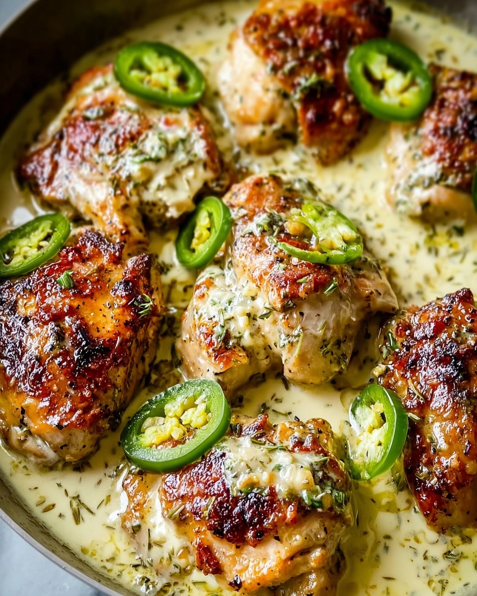 The image shows several pieces of cooked chicken with a golden brown crust on top, arranged in a creamy sauce. The sauce is pale yellow, speckled with herbs and spices, and has sliced green chili peppers scattered throughout. The chicken pieces are nestled closely together, some partially submerged in the sauce, showcasing their juicy texture. The sauce looks rich and thick, covering the base beneath the chicken. The overall dish is presented on a white marbled surface. photo taken with an iphone --ar 4:5 --v 7