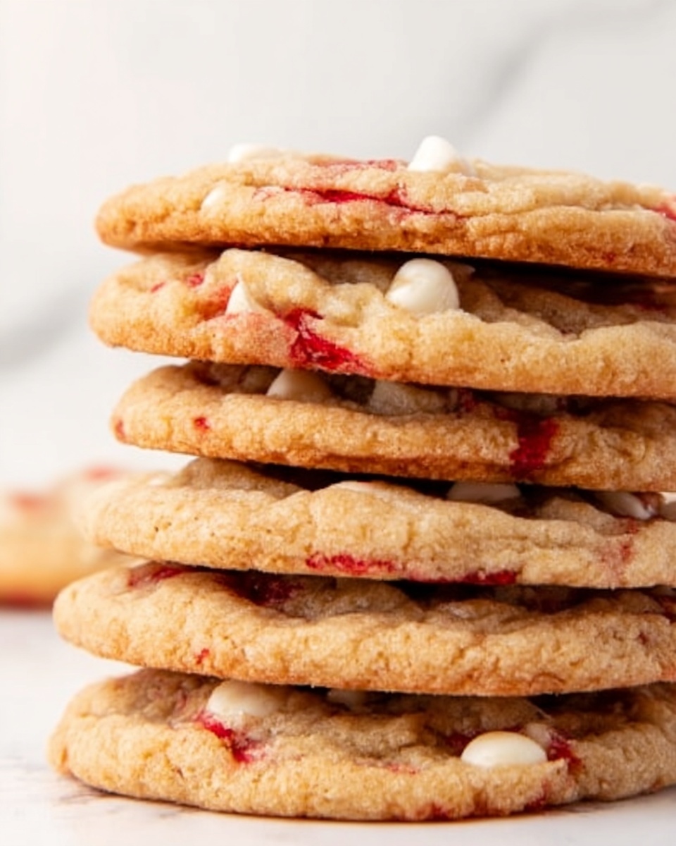 A close-up image shows a tall stack of six cookies on a white marbled surface. Each cookie is thick and soft-looking with a light golden color and scattered with bright red and white spots, hinting at bits of candy or fruit inside. The edges are slightly rounded and uneven, giving them a homemade feel, and the texture appears chewy with some small cracks. The background is blurred out softly to keep focus on the stacked cookies. Photo taken with an iphone --ar 4:5 --v 7