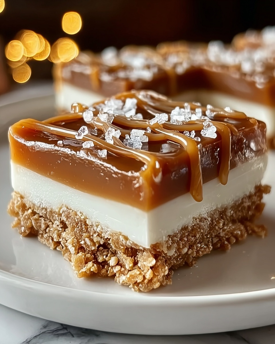 A close-up shot of a dessert square with three visible layers on a white plate placed on a white marbled surface. The bottom layer is a crumbly, rough-textured brown base, looking like crushed cookies. The middle layer is smooth and creamy white, sitting evenly above the base. The top layer is a rich, shiny caramel color with a thick, glossy texture, decorated with darker caramel drizzles in a wavy pattern and sprinkled with coarse flakes of sea salt scattered on top. The background is softly blurred with warm tones, making the dessert the clear focus. Photo taken with an iphone --ar 4:5 --v 7