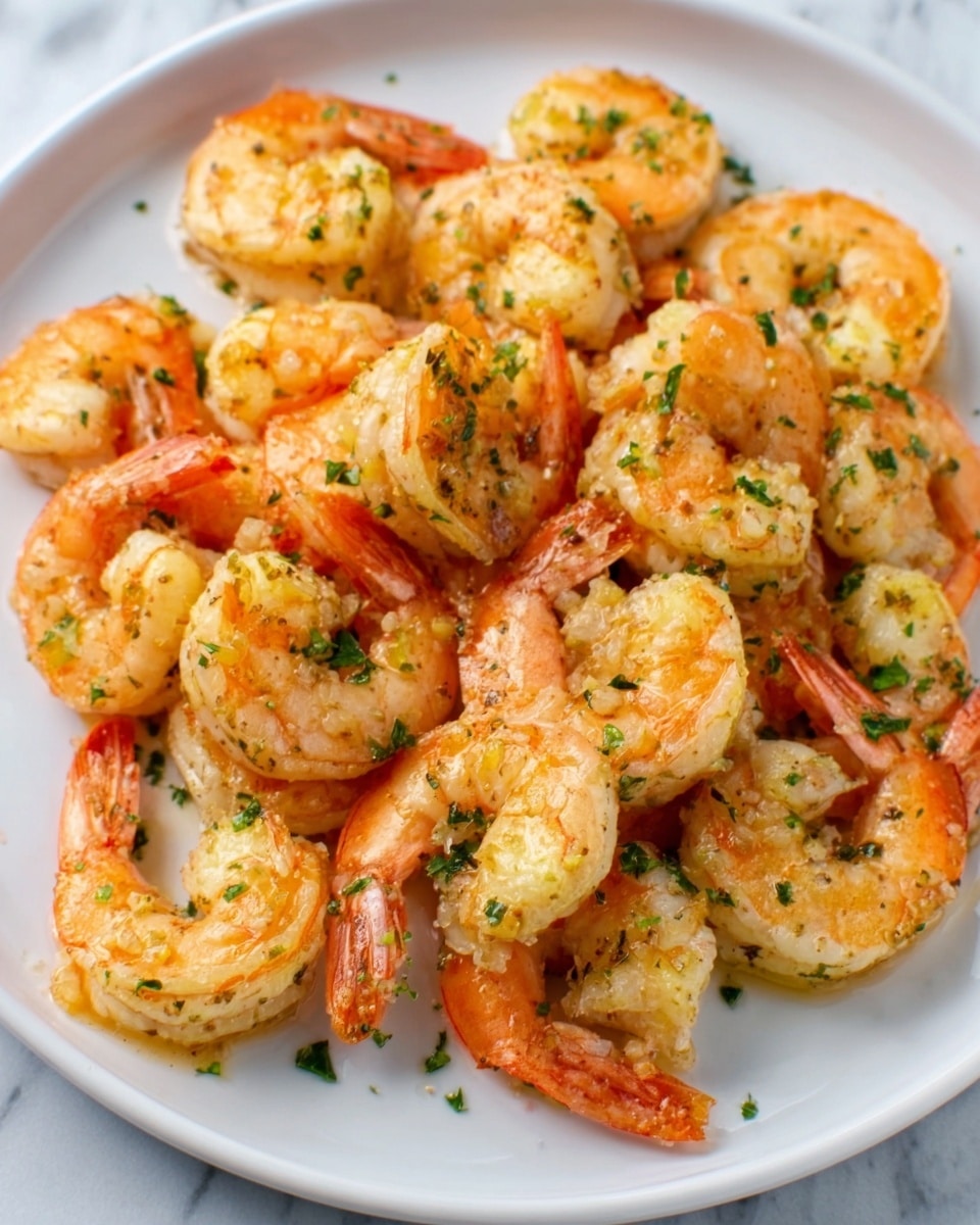 A white plate holds a serving of cooked shrimp, with about two layers piled loosely. The shrimp are light pink with some golden brown spots from cooking and look juicy and tender. Small bits of green parsley are sprinkled all over, giving a fresh color contrast. The plate sits on a white marbled surface. photo taken with an iphone --ar 4:5 --v 7