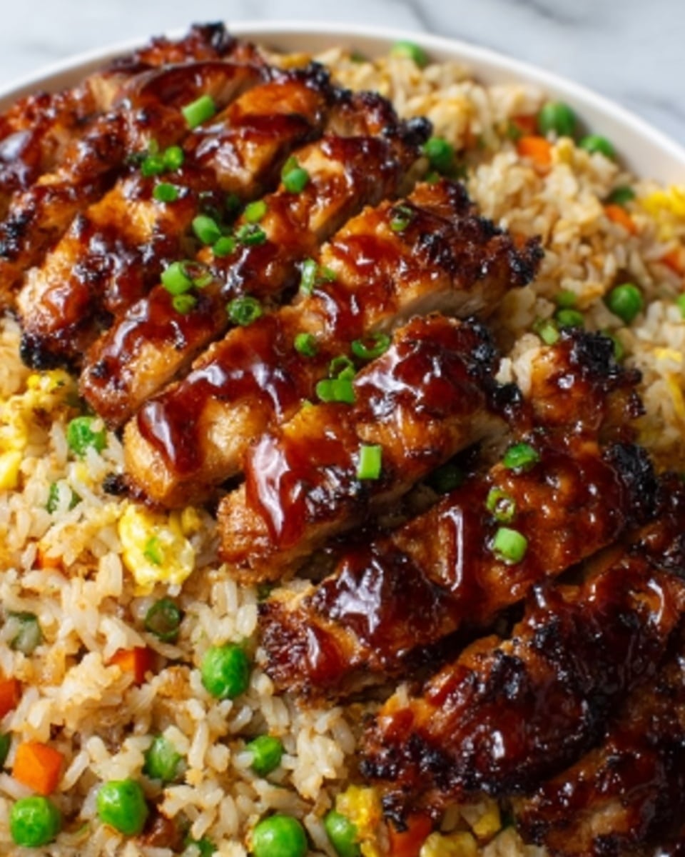 The image shows a close-up of a dish with two main layers. The bottom layer is fried rice, colored light brown with visible green peas and small orange carrot pieces mixed in. The top layer consists of grilled chicken pieces arranged neatly, with a shiny, dark brown glaze and small green onion slices sprinkled on top. The dish is served on a white plate on a white marbled surface. Photo taken with an iphone --ar 4:5 --v 7