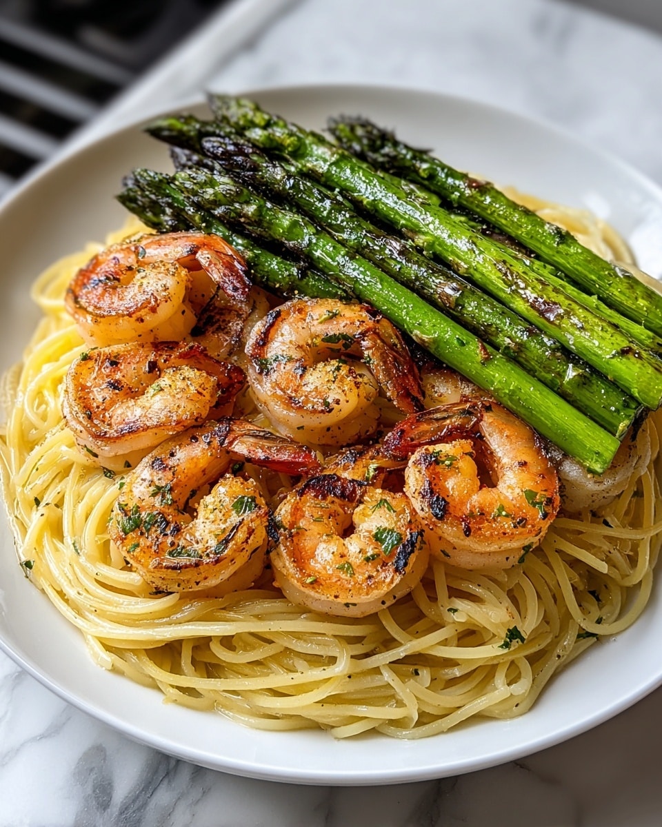 The dish is presented on a white plate, starting with a base layer of light yellow spaghetti pasta, mixed with small green herb pieces. On top of the pasta are several golden-brown grilled shrimp, each slightly curled and showing grill marks with sprinklings of herbs. Above the shrimp is a neat bundle of bright green grilled asparagus spears, arranged in a row at the center of the plate, adding a fresh and vibrant contrast. The overall look is warm and inviting with a mix of soft textures and fresh, grilled vegetables, set against a white marbled surface. photo taken with an iphone --ar 4:5 --v 7