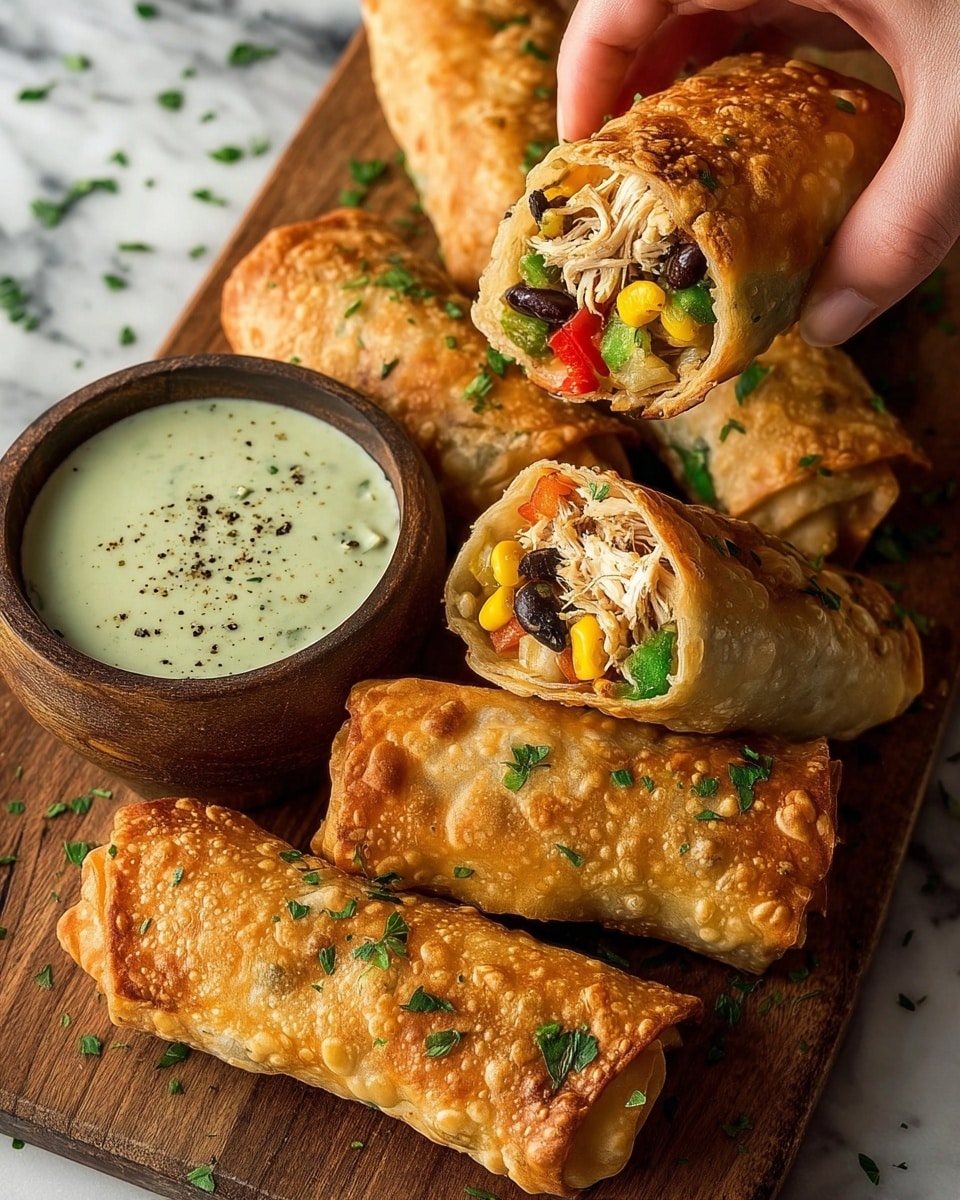 The image shows several golden-brown crispy rolls placed on a wooden board, each sprinkled with chopped green herbs. One roll is held by a woman's hand, showing the inside filled with layers of shredded chicken, black beans, sweet yellow corn, chopped red bell pepper, and green leafy vegetables. The rolls have a bubbly, flaky texture on the outside. Next to them is a small dark wooden bowl filled with a creamy, pale green dipping sauce speckled with black pepper. The background is a white marbled texture. photo taken with an iphone --ar 4:5 --v 7