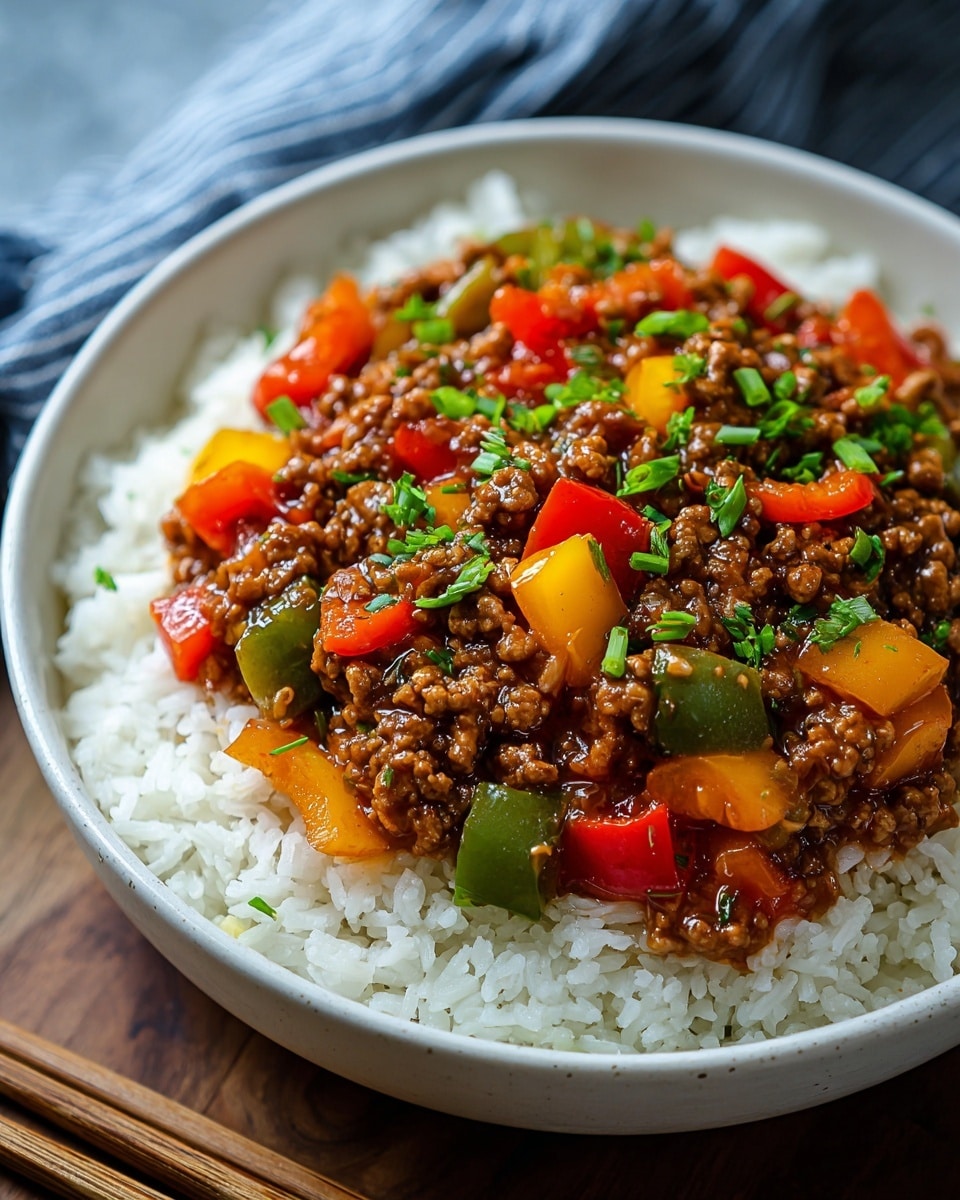 A close-up view of a white speckled bowl filled with two main layers: the bottom layer consists of soft white rice with a fluffy texture, and the top layer is a colorful mix of cooked minced meat and diced bell peppers in red, yellow, and green. The meat looks juicy and coated in a glossy brown sauce, and the dish is sprinkled with finely chopped green herbs. The bowl sits on a wooden surface with chopsticks nearby, and the background is a white marbled texture. photo taken with an iphone --ar 4:5 --v 7