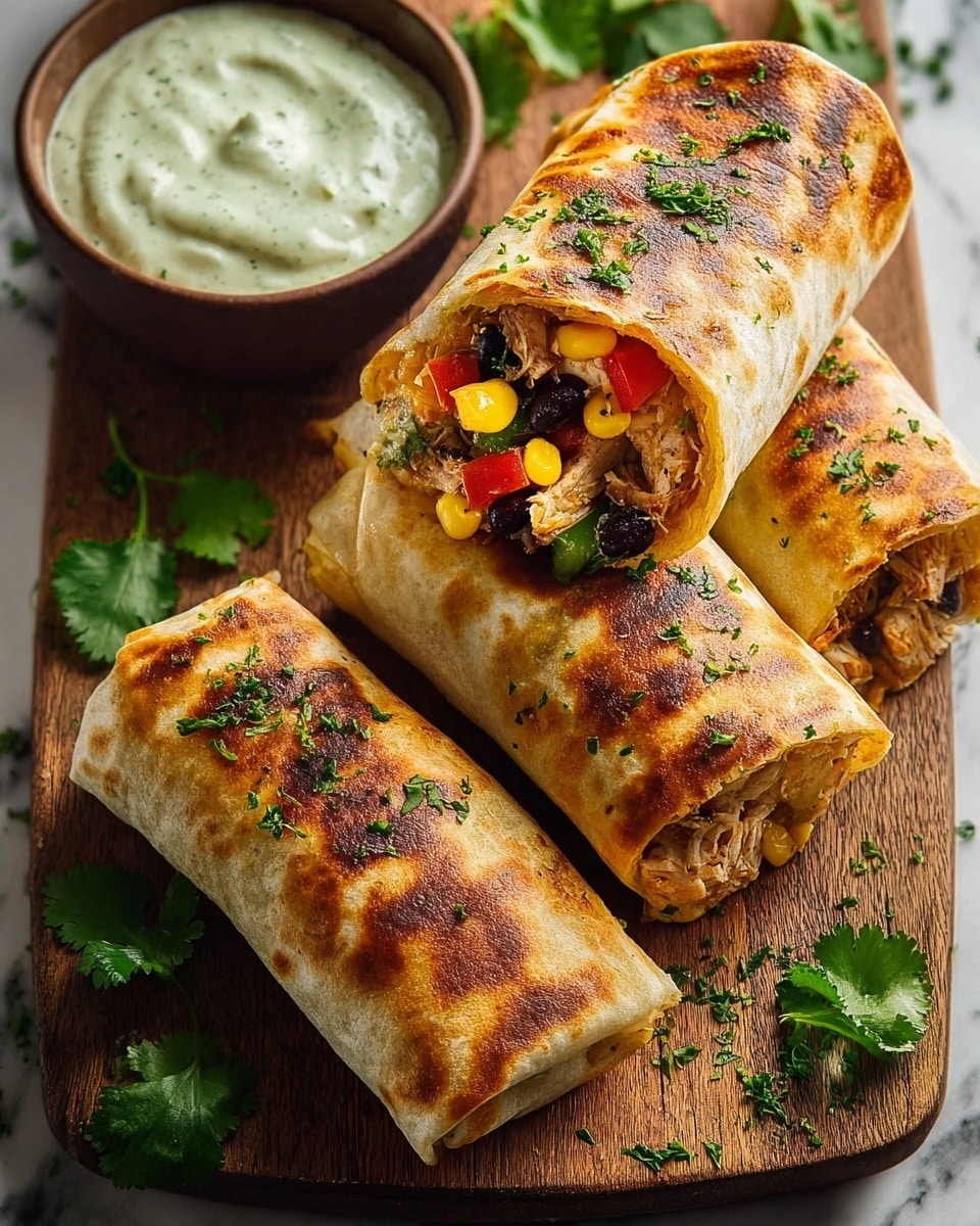 Three grilled burritos lie on a wooden board, each burrito wrapped in a golden-brown, slightly crispy tortilla sprinkled with chopped green herbs. The burrito cut in half shows its colorful filling with layers of yellow corn, black beans, red bell peppers, shredded light brown chicken, and bits of green herbs. Next to the burritos is a rustic brown bowl filled with a creamy white sauce flecked with bits of green herbs. Fresh green cilantro leaves are scattered around on the board, which sits on a white marbled surface. photo taken with an iphone --ar 4:5 --v 7