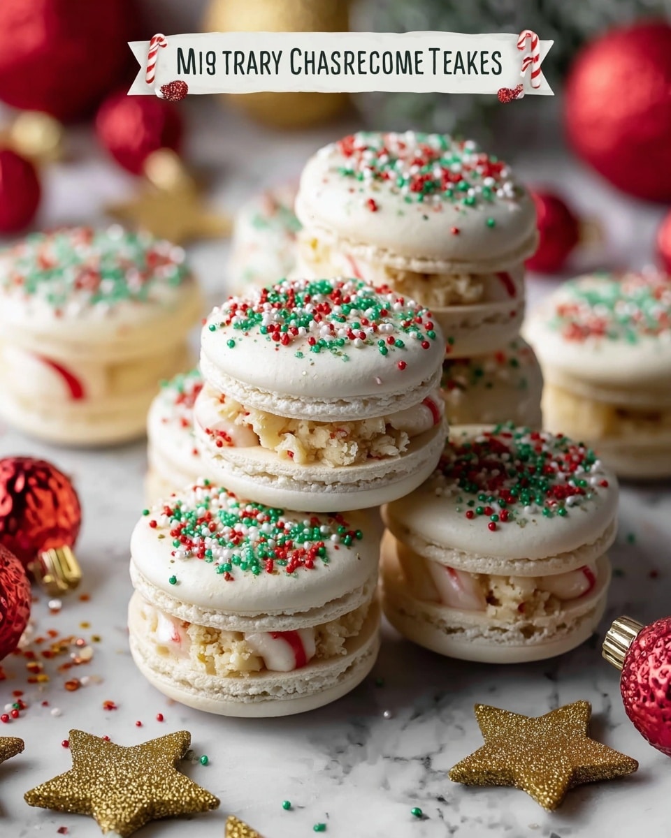 The image shows a group of white macarons stacked and arranged on a white marbled surface. Each macaron has two smooth, slightly textured white outer shells with a creamy, light beige filling in between that includes small pieces of crushed candy canes, giving it a slightly chunky texture. On top of each macaron, there are red, green, and clear sugar sprinkles, resembling festive Christmas decorations. The macarons are surrounded by blurred red and gold Christmas ornaments and gold glittery star shapes on the surface, enhancing the holiday theme. photo taken with an iphone --ar 4:5 --v 7