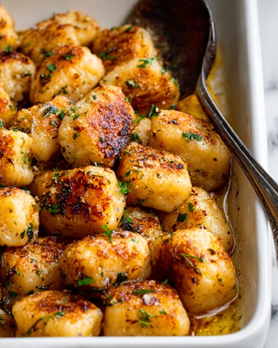 The dish shows a white rectangular serving dish filled with about three layers of golden brown crispy gnocchi pieces coated in a glossy, slightly thick golden sauce with specks of green herbs scattered all over. The gnocchi surface looks crunchy with some darker brown spots, while the sauce pools slightly at the bottom, giving a shiny wet look. A silver spoon is placed at the back of the dish. The scene is set on a white marbled texture surface. photo taken with an iphone --ar 4:5 --v 7