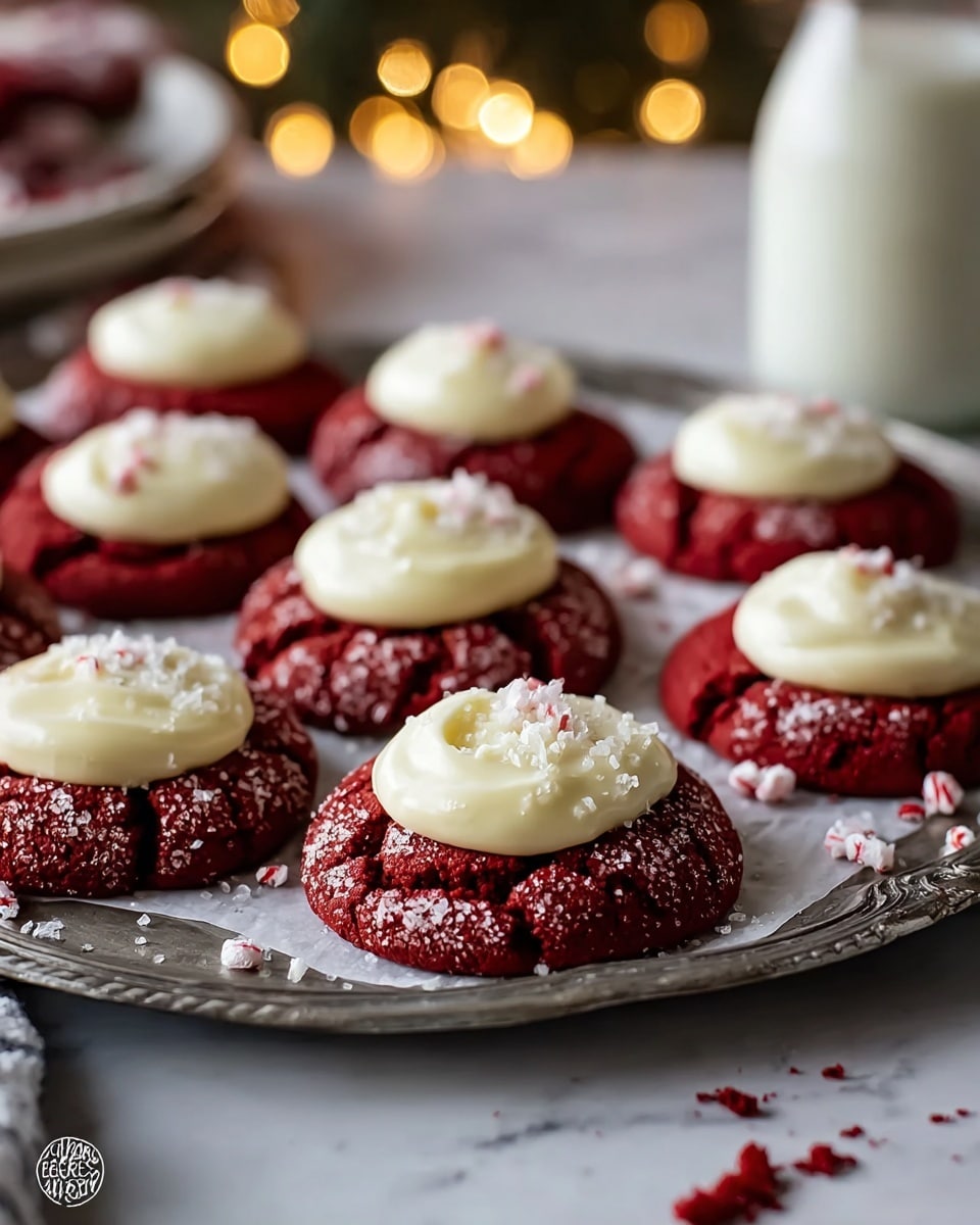 A tray holds nine red velvet cookies that each have a cracked, soft texture and a dollop of white cream cheese frosting on top, sprinkled with small white flakes. The cookies are evenly spaced on a sheet of parchment paper covering a metal baking tray. Some red crumbs are scattered around the cookies on the parchment. The background features softly blurred warm lights and greenery above the white marbled surface. Photo taken with an iphone --ar 4:5 --v 7