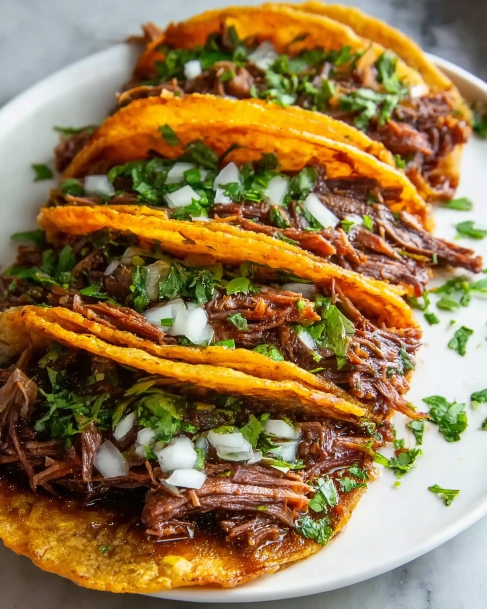 Four tacos are neatly lined up on a white plate with a slight decorative edge, placed on a white marbled surface. Each taco has two bright orange, slightly crispy tortillas with a textured, golden-brown finish. Inside the tacos, tender, shredded dark brown meat forms the main filling, topped generously with finely chopped white onions and green cilantro leaves, giving a fresh contrast of colors. The tacos are slightly tilted to show the layers clearly, and some extra cilantro is scattered around the plate for a natural look. photo taken with an iphone --ar 4:5 --v 7