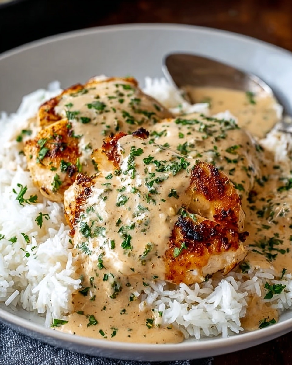 The image shows a black plate filled with a bed of white fluffy rice as the bottom layer. On top of the rice, there are two pieces of golden brown grilled chicken with a crispy texture. Creamy white sauce with herbs is generously poured over the chicken and rice, giving a smooth and slightly thick look. Small green herb bits are sprinkled on top of the sauce and chicken, adding a fresh touch. The background has a white marbled texture. photo taken with an iphone --ar 4:5 --v 7