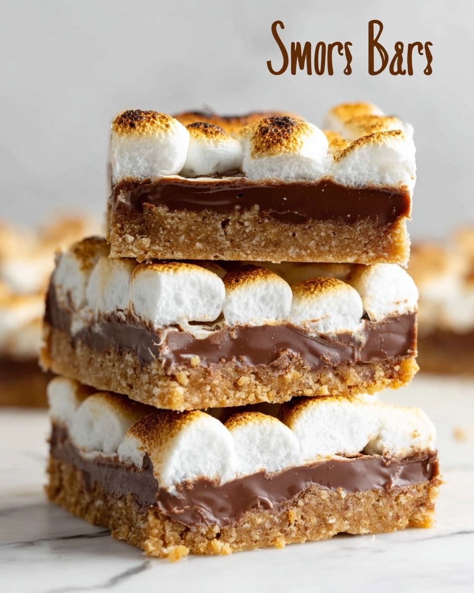 The image shows three stacked s'mores bars on a white marbled surface. Each bar has three layers: the bottom layer is light brown and crumbly, resembling a graham cracker crust; the middle layer is thick, smooth, and dark brown, looking like melted chocolate; the top layer is made of toasted marshmallows that are fluffy and white with golden-brown spots on top. The bars are neatly cut into rectangles, and there are small crumbs around them. Photo taken with an iphone --ar 4:5 --v 7