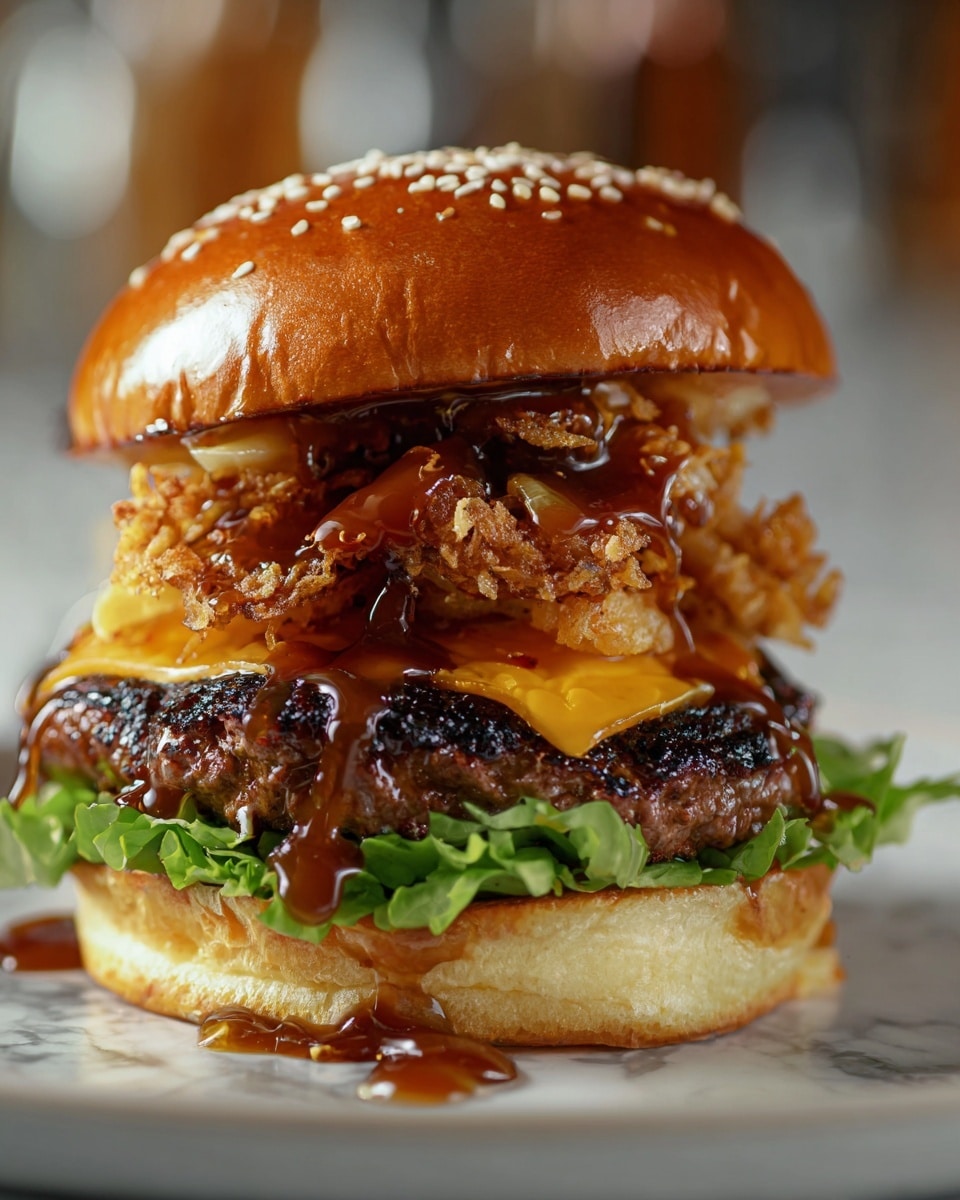 A close-up view of a thick burger with five visible layers sitting on a white plate on a white marbled surface; the bottom layer is a soft toasted bun with a light brown color, topped with fresh, curly green lettuce; above the lettuce is a juicy grilled beef patty with charred marks, covered by a melting slice of smooth orange cheddar cheese; on top of the cheese, there is a crispy fried chicken layer with a crunchy, golden-brown texture; the whole burger is topped with a shiny toasted sesame seed bun that has a rich golden color and is coated with a glossy sauce dripping down the sides. Photo taken with an iphone --ar 4:5 --v 7