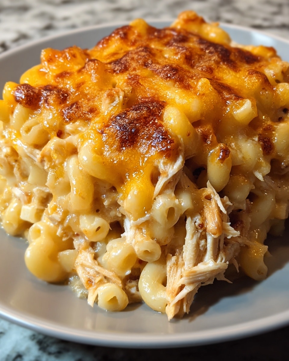 A close-up of a baked macaroni and cheese dish with shredded chicken mixed in, placed on a white plate. The macaroni layer is creamy and light yellow, topped with a layer of melted cheddar cheese that is golden orange with darker browned spots, giving a slightly crispy texture. The shredded chicken pieces are mixed between the pasta layers, visible in a light brown and pale color. The dish shows a mix of soft and cheesy textures with browned, bubbly cheese on top. The background is a white marbled surface. photo taken with an iphone --ar 4:5 --v 7