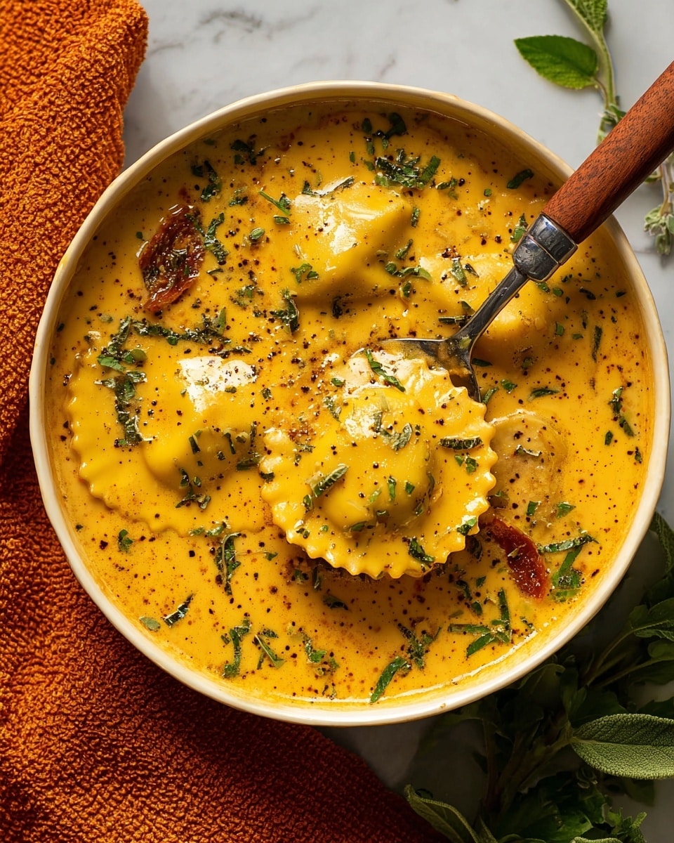 A white bowl filled with creamy orange-yellow sauce, dotted with small green herbs and black pepper flakes. Inside the sauce are several large green ravioli pieces with ruffled edges, partially submerged and glossy from the sauce. There are also some sun-dried tomatoes adding a darker red-brown color, and a spoon with a wooden handle scooping one ravioli on the right side of the bowl. The bowl sits on a white marbled textured surface with a bright orange cloth partially under the bowl and fresh green herb sprigs around. Photo taken with an iphone --ar 4:5 --v 7