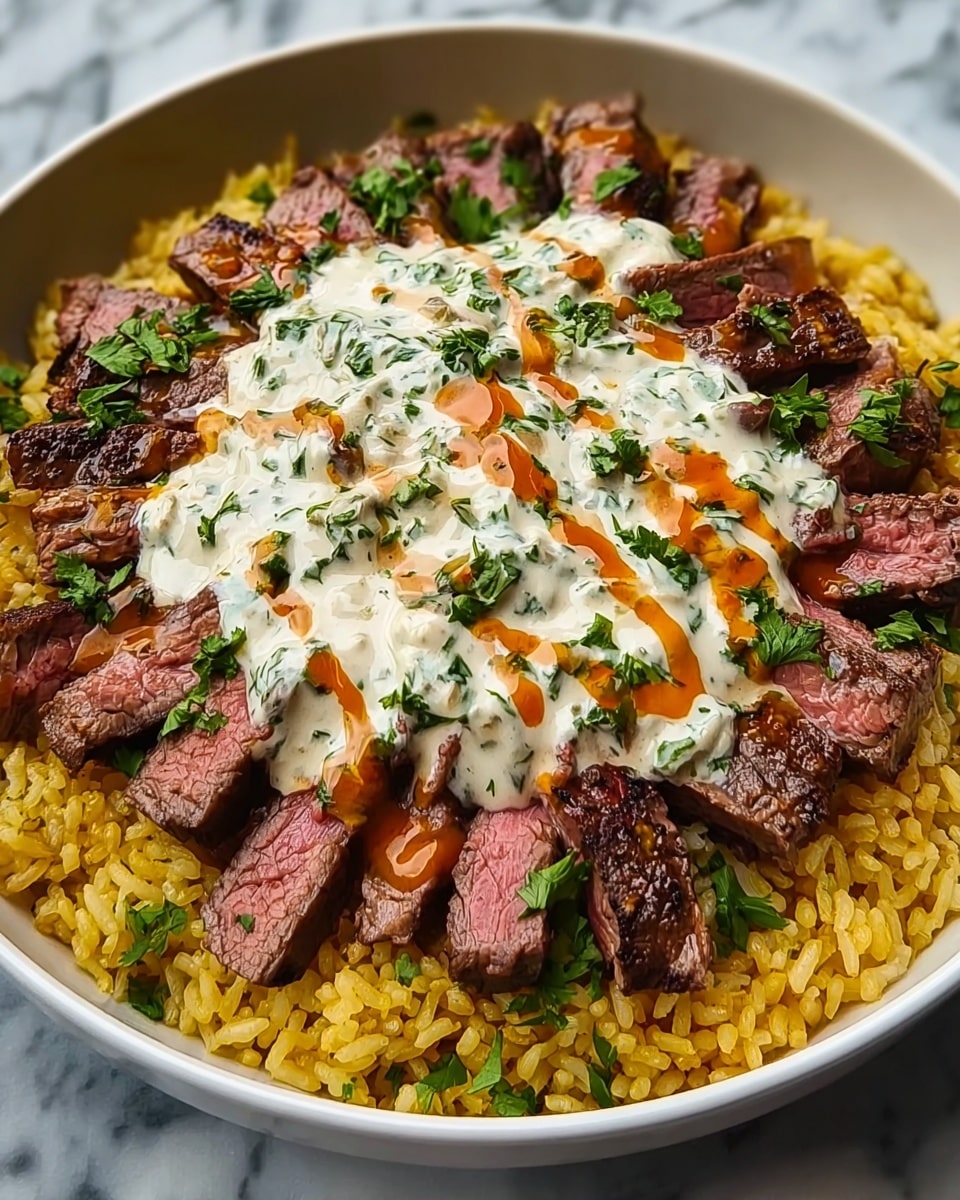 A white bowl with an inner blue and white striped pattern holds a layered dish consisting of bright yellow-orange rice at the base, topped with sliced pieces of medium-rare steak arranged in a circle. Over the steak, there is a thick layer of creamy white sauce drizzled generously, accented by drops of reddish-orange sauce. The dish is garnished with fresh green parsley scattered on top. The background shows a white marbled surface. photo taken with an iphone --ar 4:5 --v 7