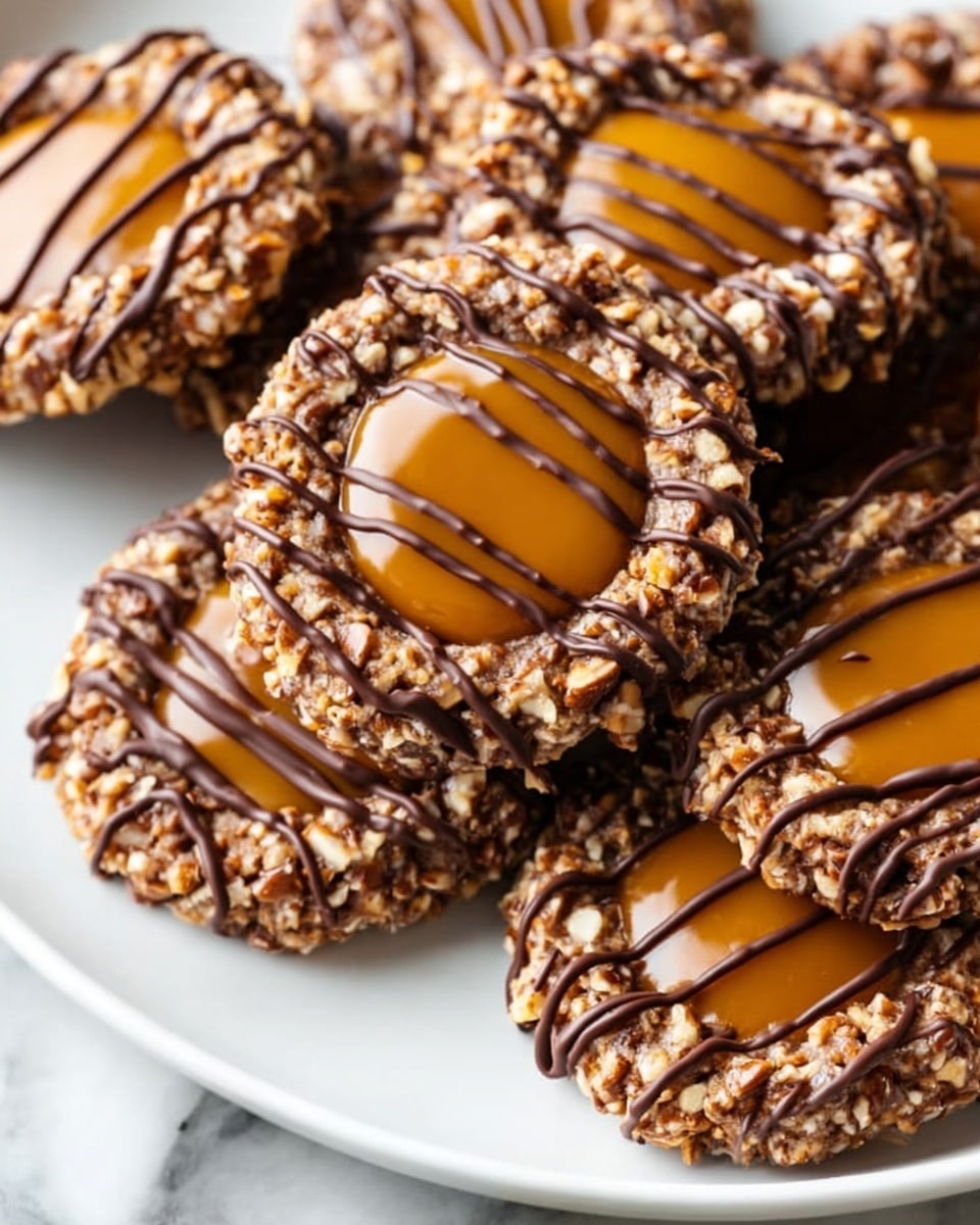 A white plate holds several round cookies stacked closely together on a white marbled surface. Each cookie has three distinct layers: a crunchy outer ring made of small nut pieces forming a textured dark brown border, a smooth, shiny caramel circle in the center with a rich amber color, and a drizzle of dark chocolate layered in thin lines across the top of the caramel, adding a glossy finish. The overall look is a mix of rough nut texture with smooth, glossy caramel and chocolate layers. photo taken with an iphone --ar 4:5 --v 7
