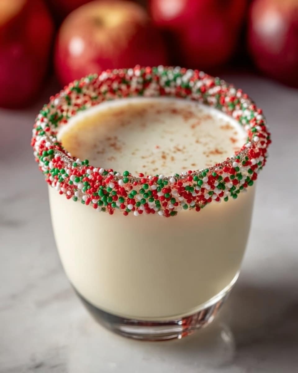 A clear glass filled with a creamy white drink that reaches just below the rim, which is decorated with red, green, and white small round sprinkles stuck closely together all around. The drink looks smooth and thick with a slight shine on the surface. The glass sits on a white marbled surface and there are blurred red and green round shapes in the background that suggest holiday decorations. photo taken with an iphone --ar 4:5 --v 7
