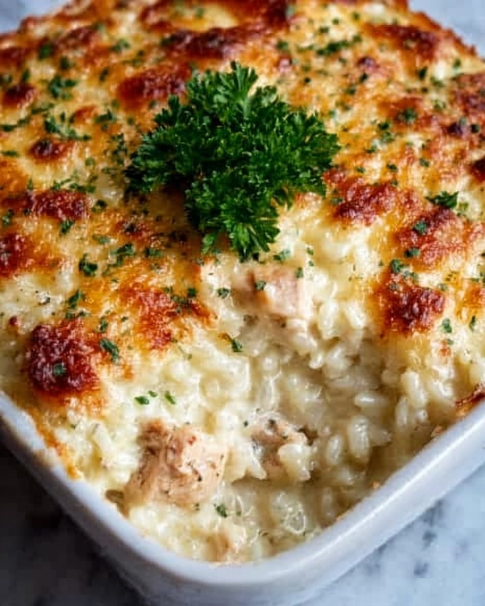 A close-up view of a creamy baked rice dish in a white rectangular ceramic dish. The dish has a golden-brown top layer of melted cheese with some crispy spots, sprinkled lightly with chopped green herbs. Below the cheese, grains of rice mixed with small chunks of chicken and bits of bacon create a soft, textured middle layer with a creamy sauce visible in some areas. Two small pieces of fresh parsley sit on top as garnish. The dish rests on a white marbled surface. photo taken with an iphone --ar 4:5 --v 7