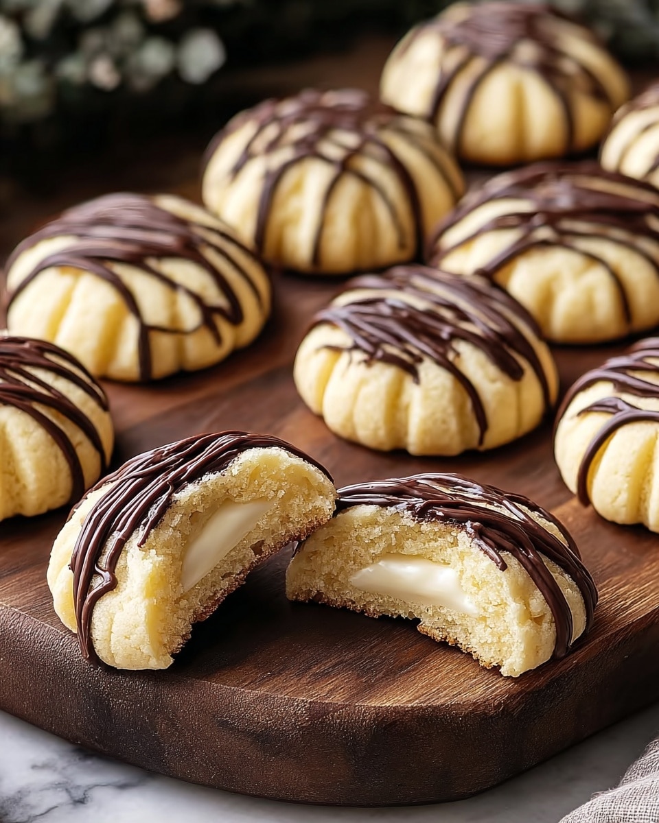 A close-up of a wooden board with eight round cookies arranged in two rows, each cookie is light golden with a ridged texture on top and has dark brown chocolate drizzled in thin lines across the top layer. The front cookie has a bite taken out, showing a smooth white cream filling surrounded by a thin layer of chocolate inside. The background is softly blurred with more cookies visible on a similar wooden surface, all set on a white marbled texture. photo taken with an iphone --ar 4:5 --v 7