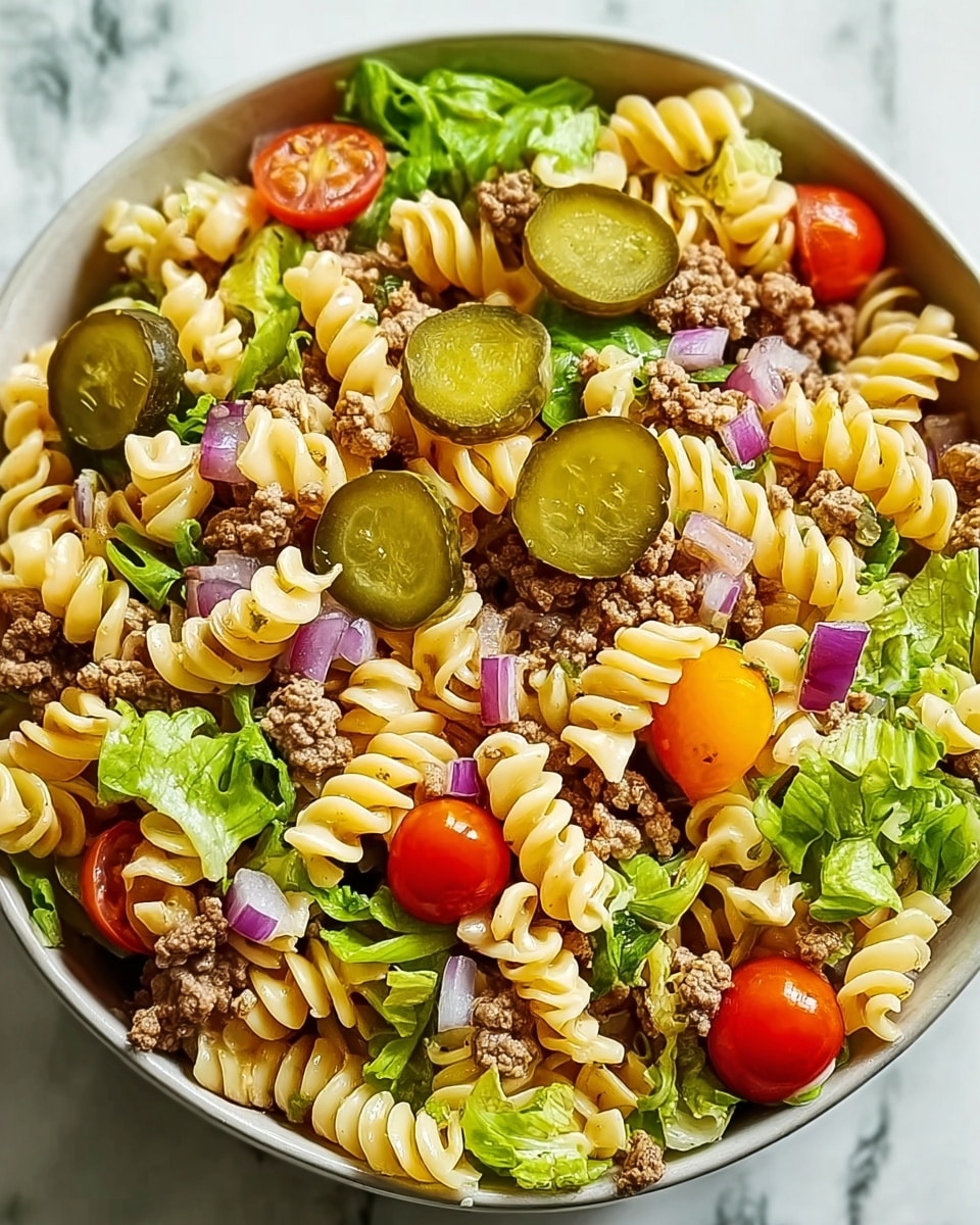 A close-up view of a bowl filled with a colorful pasta salad. The base layer consists of yellow spiral rotini pasta evenly spread, mixed with small pieces of browned ground beef. Bright green lettuce leaves are scattered throughout the bowl, adding a fresh look. Halved red cherry tomatoes and thin slices of green pickles with visible seeds rest on top, adding pops of color. Small bits of light purple onion are mixed in, visible among the other ingredients. The bowl is white, and the background shows a white marbled surface. Photo taken with an iphone --ar 4:5 --v 7