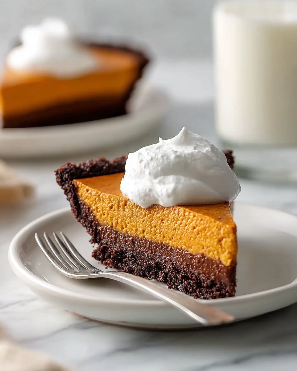 The image shows one slice of pie on a white plate with a shiny silver fork resting on the right side. The pie has two layers: a thick, smooth, orange-colored filling on top and a dark, crumbly crust at the bottom and edges. On top of the orange filling is a swirl of white whipped cream with soft, fluffy texture. In the blurred background, there is another slice of pie on a white plate and a glass of milk, all set on a white marbled surface. photo taken with an iphone --ar 4:5 --v 7