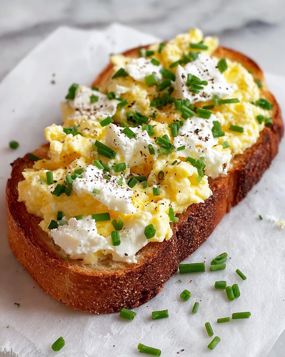 A single slice of toasted brown bread sits on crinkled white parchment paper over a white marbled surface, topped with a thick layer of soft, fluffy scrambled eggs mixed with creamy white curds. The top is garnished with scattered small pieces of bright green chopped chives and a light sprinkling of black pepper, creating a colorful contrast on the warm yellow and white egg base. Photo taken with an iphone --ar 4:5 --v 7