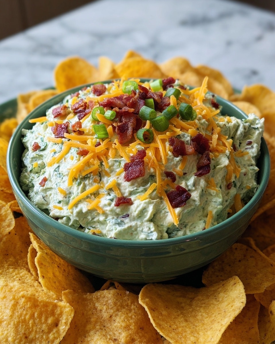 A green bowl filled with a thick, creamy light green dip mixed with small green herb pieces, topped with shredded orange cheddar cheese, small green onion slices, and small bits of crispy dark red bacon, surrounded by yellow corn chips around the bowl, all placed on a white marbled surface photo taken with an iphone --ar 4:5 --v 7
