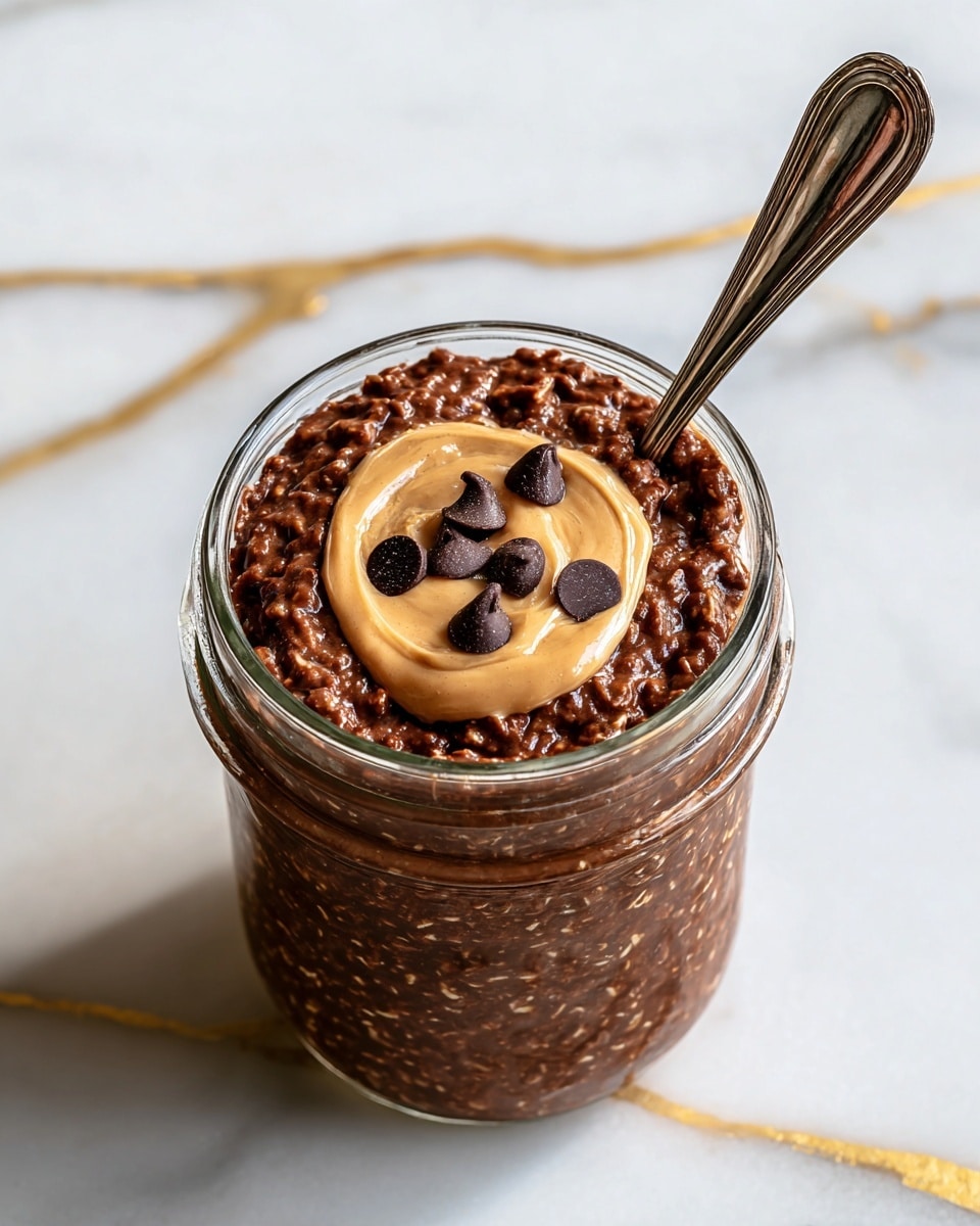 A clear glass jar filled with thick, textured dark brown chocolate oatmeal forms the base layer, topped with a smooth swirl of light brown peanut butter in the center. Scattered evenly on top are seven glossy dark chocolate chips, adding contrast and interest. A long vintage silver spoon is inserted into the oatmeal from the right side of the jar. The jar sits on a white marbled surface with gold streaks. photo taken with an iphone --ar 4:5 --v 7