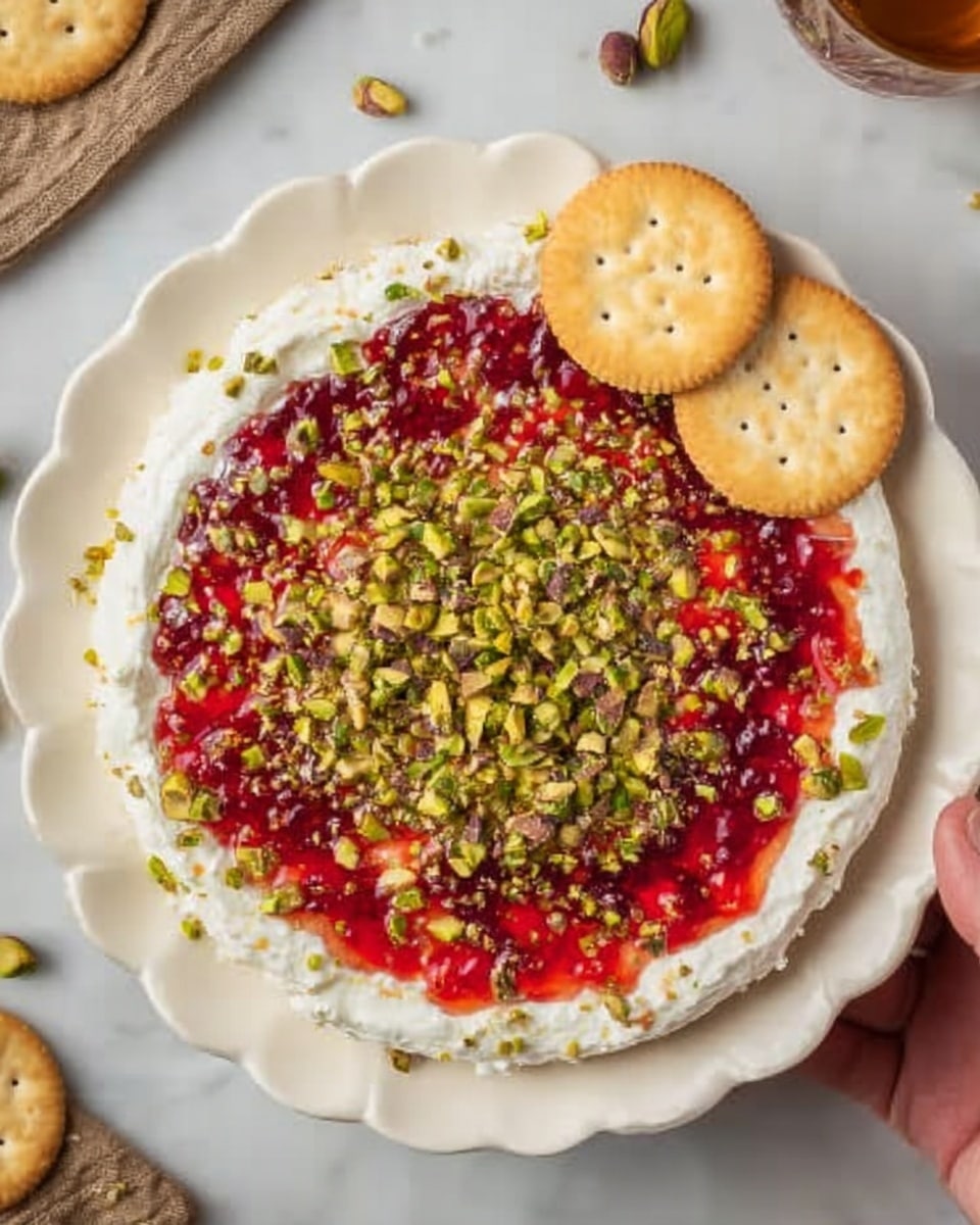 A white scalloped plate holds a creamy white layer spread evenly at the bottom, topped with a bright red glaze that looks like jelly or jam, sprinkled thickly with chopped green pistachios and small brown nuts. Two round beige crackers sit on one side on top of the layers. The plate is set on a white marbled surface with a woman's hand gently touching it from the lower right corner. A few more crackers and a bowl of pistachios are visible in the background. photo taken with an iphone --ar 4:5 --v 7