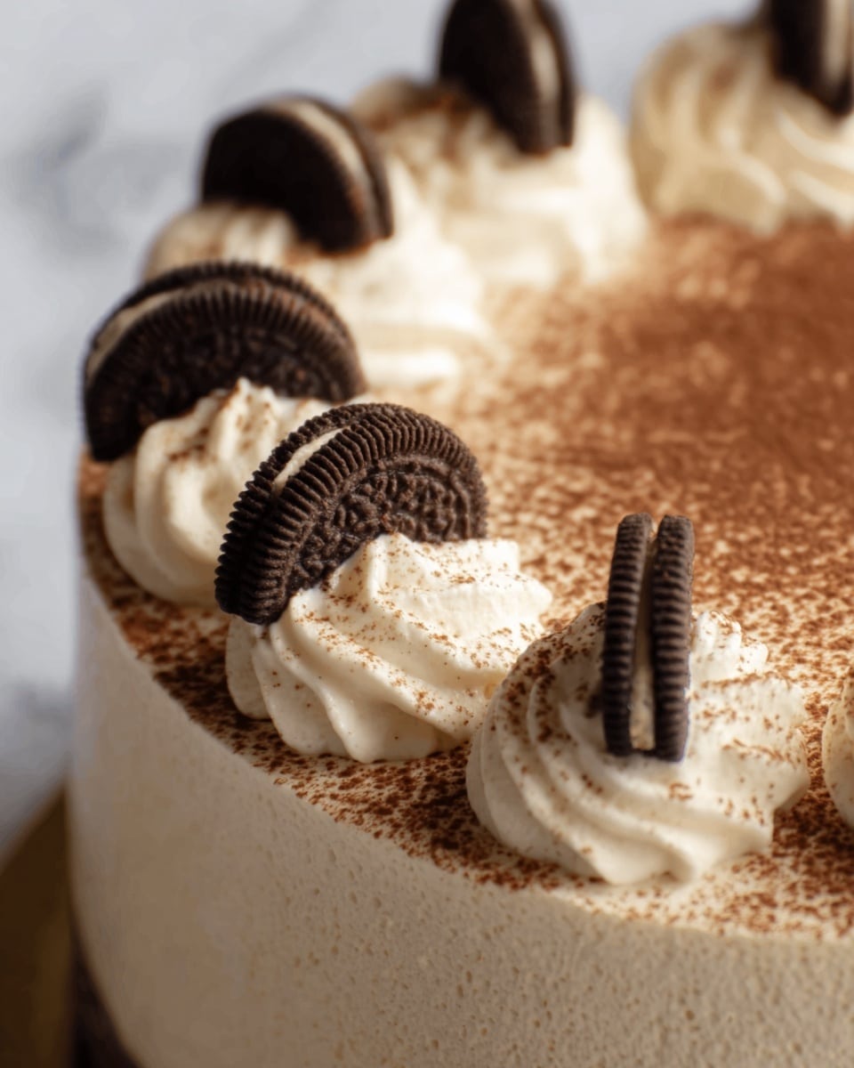 A close-up of a round cake showing three layers: the bottom layer is light brown with a smooth texture, the middle layer is creamy white and thick, and the top layer is dusted with fine dark brown cocoa powder. Around the top edge, there are evenly spaced swirls of white cream, each holding a piece of dark brown rectangular biscuit with a pattern on it. The cake is set on a white plate, placed on a white marbled surface. photo taken with an iphone --ar 4:5 --v 7
