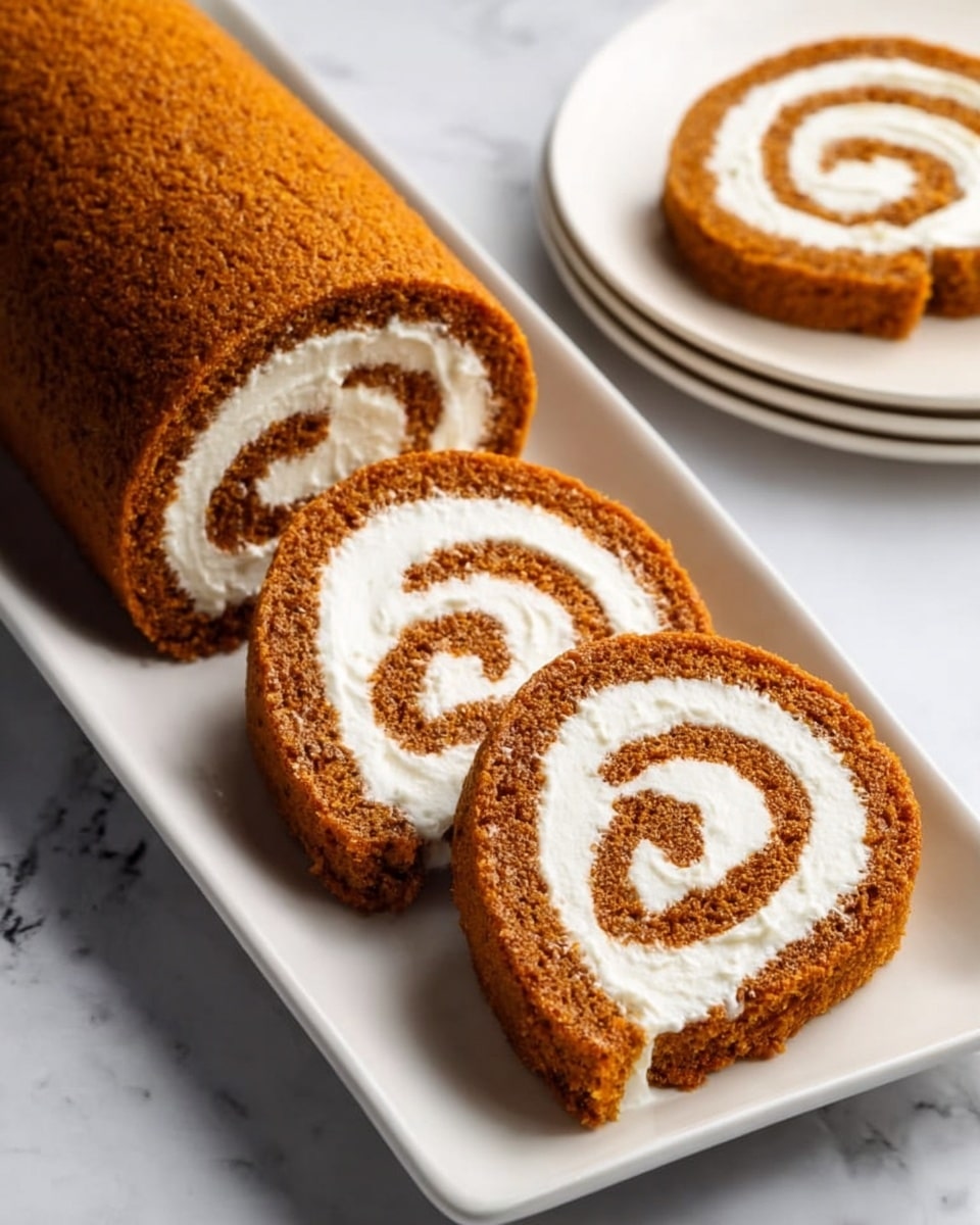 This image shows a pumpkin roll sliced into several pieces, arranged in a row on a long white plate. Each slice has two clear layers: a soft, orange-brown cake layer on the outside with a spongy texture, and a thick, smooth white cream cheese filling spiraled tightly inside. The plate sits on a white marbled surface, and in the background, there is another slice on a small white plate, slightly out of focus. The edges of the cake look moist and tender, and there is a light dusting of powdered sugar on top. Photo taken with an iphone --ar 4:5 --v 7
