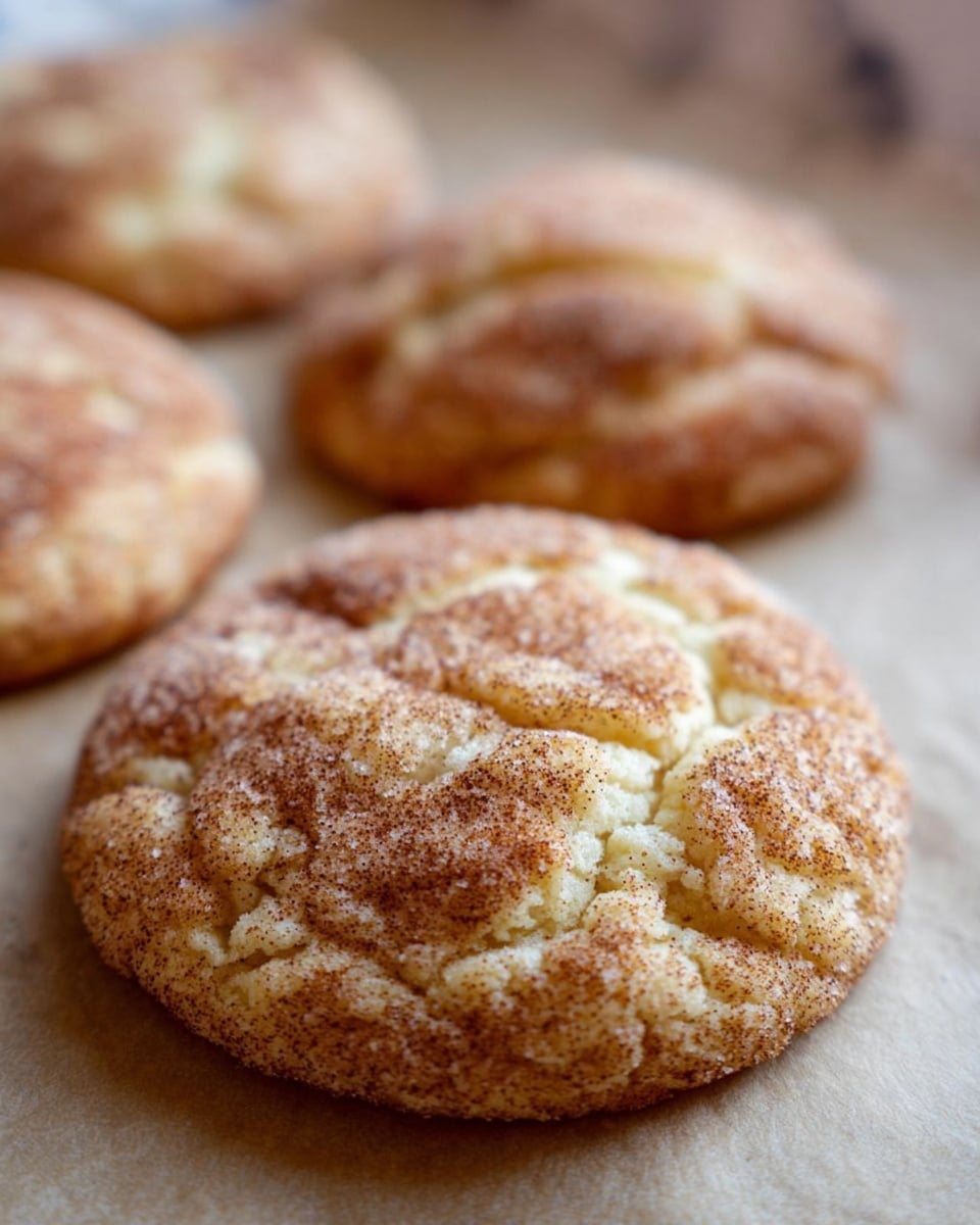 The image shows close-up of three round cookies arranged on a light brown parchment paper with white marbled texture underneath. Each cookie has a cracked top layer with a light golden color mixed with a dusting of granulated sugar and cinnamon, giving a speckled look with soft rough texture. The cookies appear soft and slightly thick with small irregular bumps and folds on the surface. The focus is on the closest cookie, making the others faint and blurred in the background. photo taken with an iphone --ar 4:5 --v 7