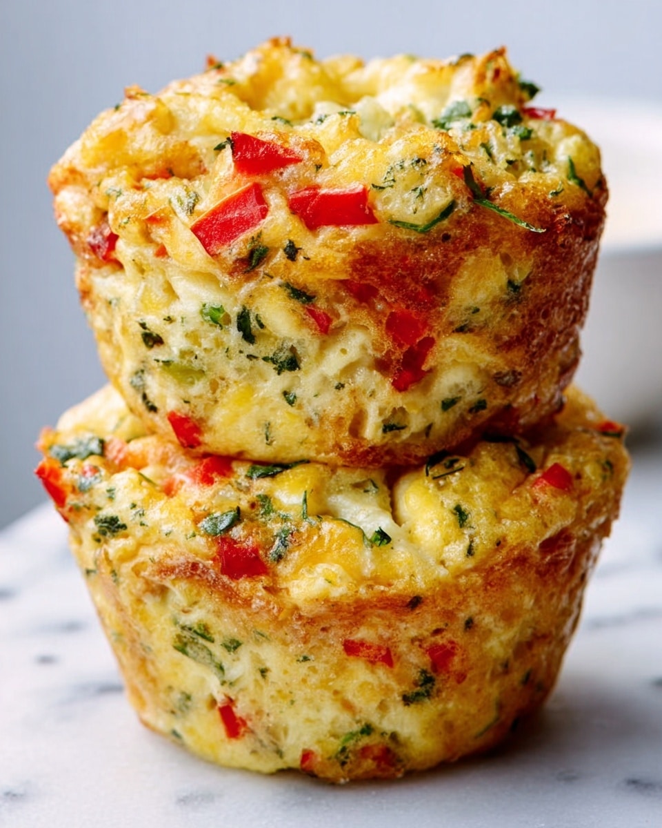 Two savory muffins stacked on top of each other on a white marbled surface, each muffin filled with layers of finely chopped red bell peppers, green herbs, and small pieces of melted cheese mixed into a light yellow, fluffy egg base. The muffins have a slightly crispy, golden-brown top with a soft and moist inside that shows the colorful vegetable and herb bits clearly. The edges are slightly rough, and the texture looks tender and inviting. Photo taken with an iphone --ar 4:5 --v 7