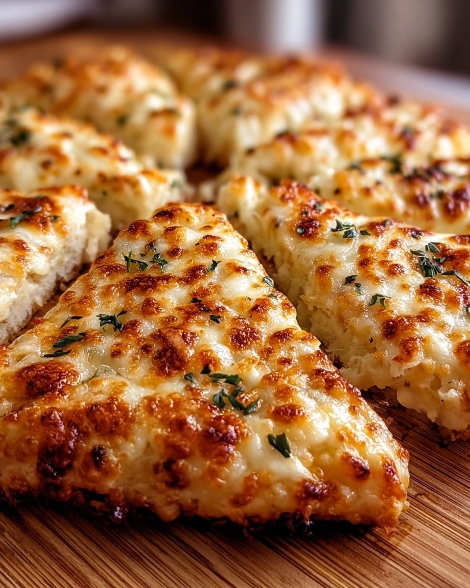 A close-up view of a round cheesy bread cut into four thick slices, each slice showing a bubbly, golden-brown melted cheese top with a slightly crispy texture. Tiny green herb leaves are scattered evenly across the cheese layer. The bread crust underneath is barely visible but appears thick and soft. The bread is placed on a wooden surface, with the background softly blurred, emphasizing the rich texture and color of the cheese topping. Photo taken with an iphone --ar 4:5 --v 7