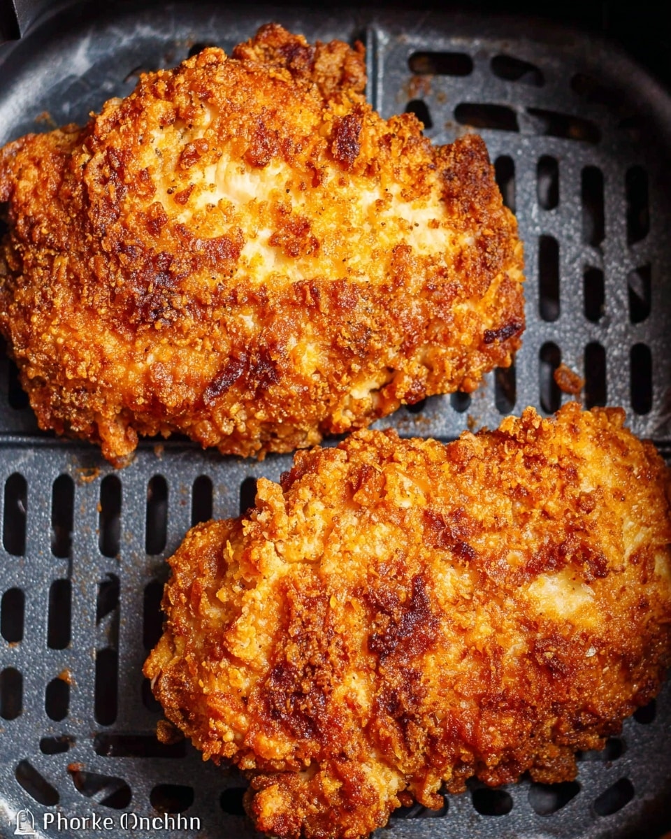 Two pieces of crispy fried chicken sit on a dark air fryer tray with small holes. Each piece has a crunchy texture with a golden to deep brown color and rough breading. The chicken looks well cooked with some darker spots from frying. The background is a white marbled texture. photo taken with an iphone --ar 4:5 --v 7