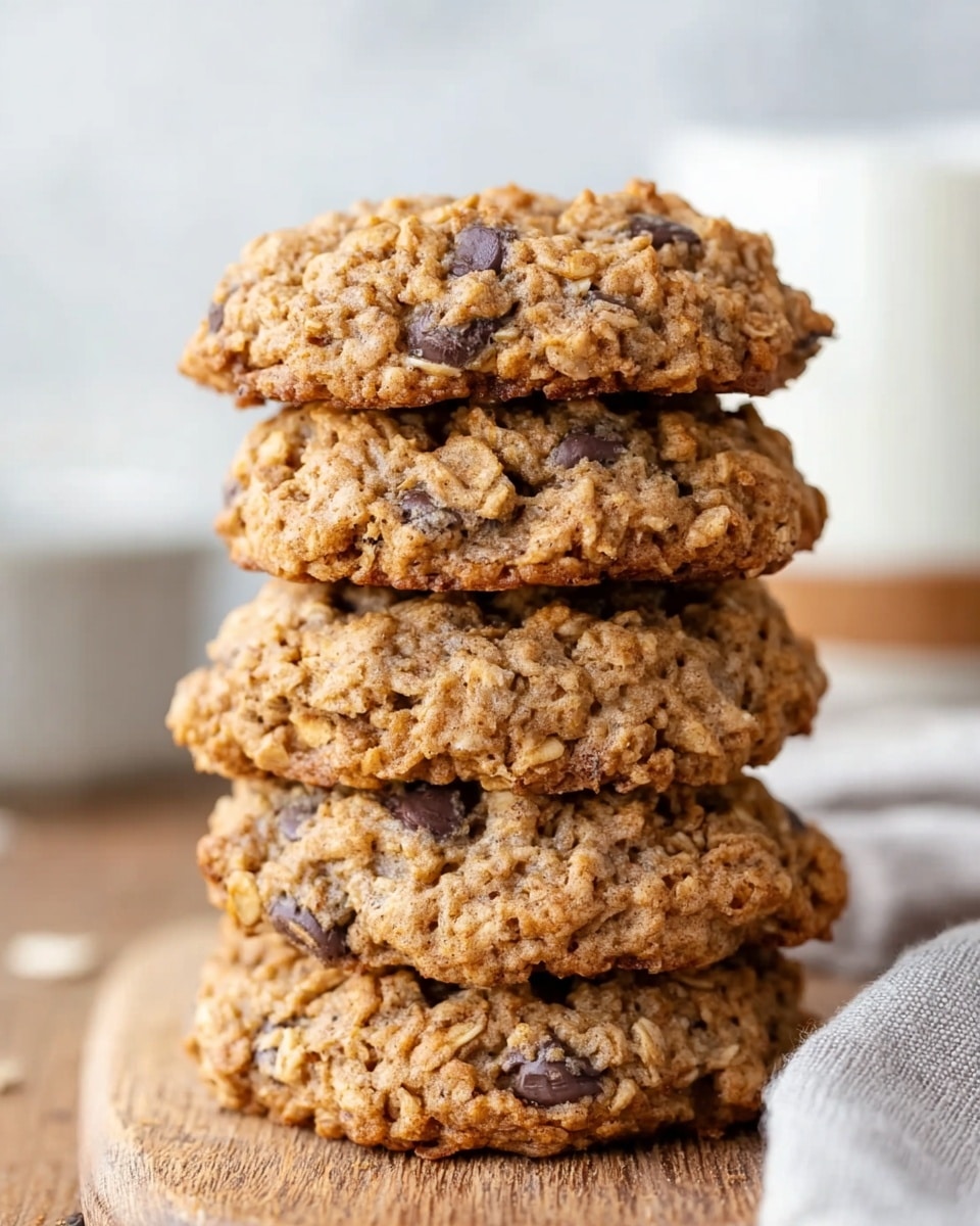 The image shows a close-up of a stack of four thick oatmeal cookies with visible chocolate chips and a rough, crumbly texture. The cookies are golden-brown with uneven, bumpy surfaces and some oats sticking out. They are stacked vertically on a wooden surface with a soft, out-of-focus white marbled background, alongside a blurred white cup and a light gray cloth to the right. photo taken with an iphone --ar 4:5 --v 7