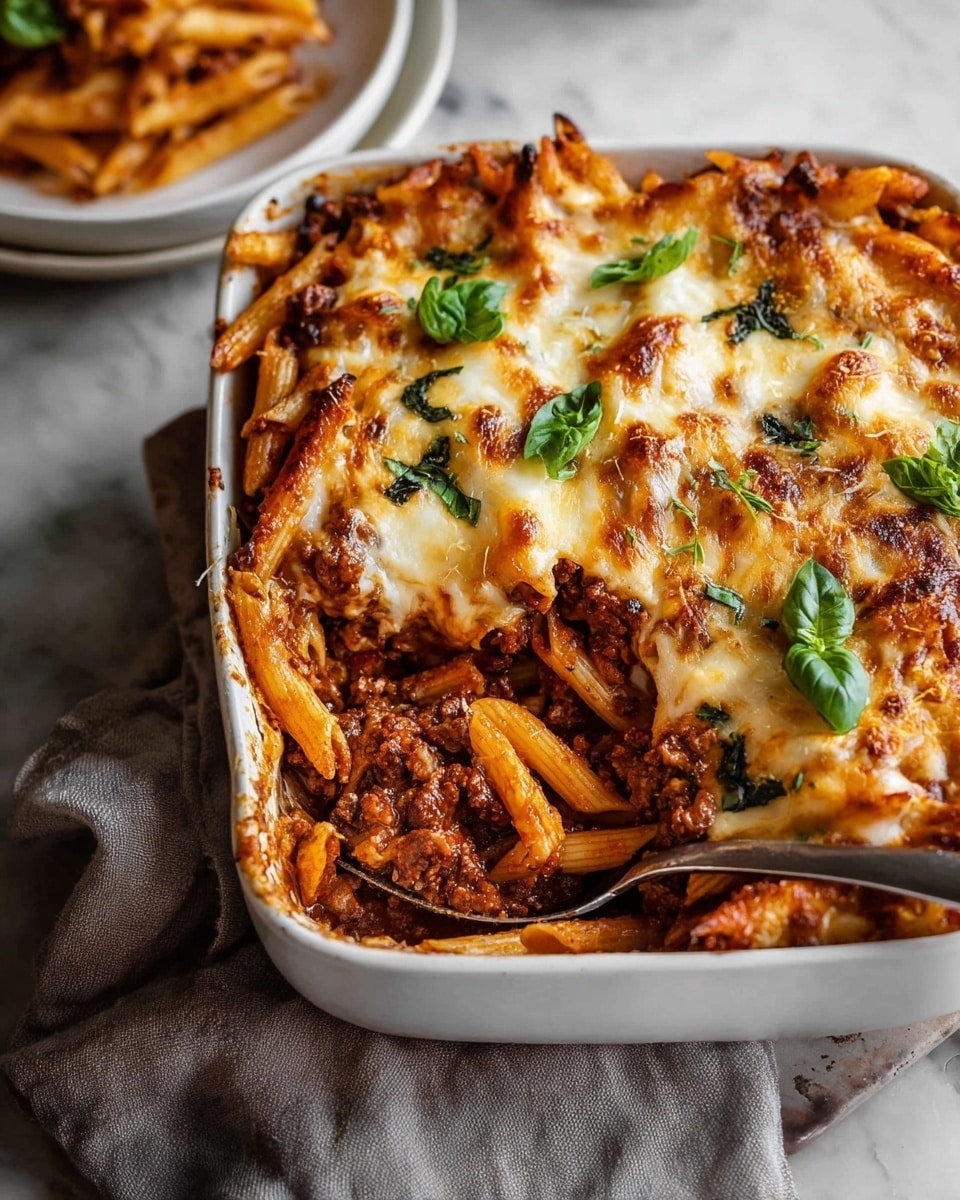 The image shows a baked pasta dish in a white rectangular baking dish. The bottom layer is made of cooked penne pasta mixed with rich ground beef in a thick red sauce. On top of this is a layer of melted, golden-brown cheese with slightly crispy edges. Scattered fresh green basil leaves add a touch of color. A fork is digging into one corner, lifting some pasta from the dish, showing the layered texture clearly. The dish sits on a surface with a white marbled texture, and there is a gray cloth partially visible on the side. Photo taken with an iphone --ar 4:5 --v 7