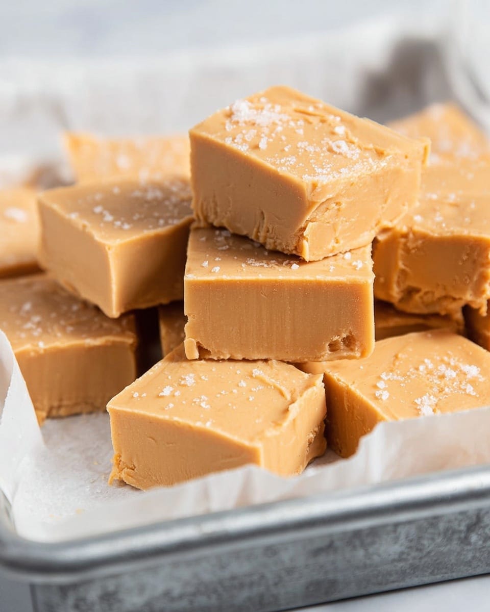The image shows multiple pieces of smooth, light brown fudge cut into thick square blocks, stacked unevenly on top of each other. The fudge has a creamy texture with some granulated sugar sprinkled on top, and the pieces reveal dense, solid interiors. The fudge is placed on white parchment paper lining a metal tray, all set against a white marbled surface. Photo taken with an iphone --ar 4:5 --v 7