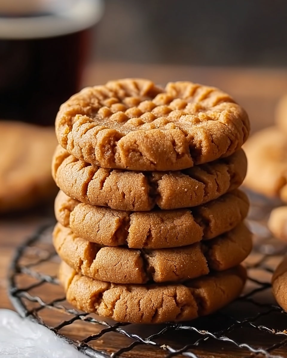 A close-up image shows a stack of four round peanut butter cookies sitting on a dark wire cooling rack, which rests on a wooden surface. Each cookie has a rough, crinkly texture with distinct fork-pressed crisscross patterns on top, giving the surface a slightly shiny look. The warm golden-brown cookies are thick and soft, with visible cracks and a homemade, rustic feel. In the blurred background, there are some round shapes that might be more cookies and a dark glass, but they are out of focus. The whole scene sits on a white marbled texture. photo taken with an iphone --ar 4:5 --v 7