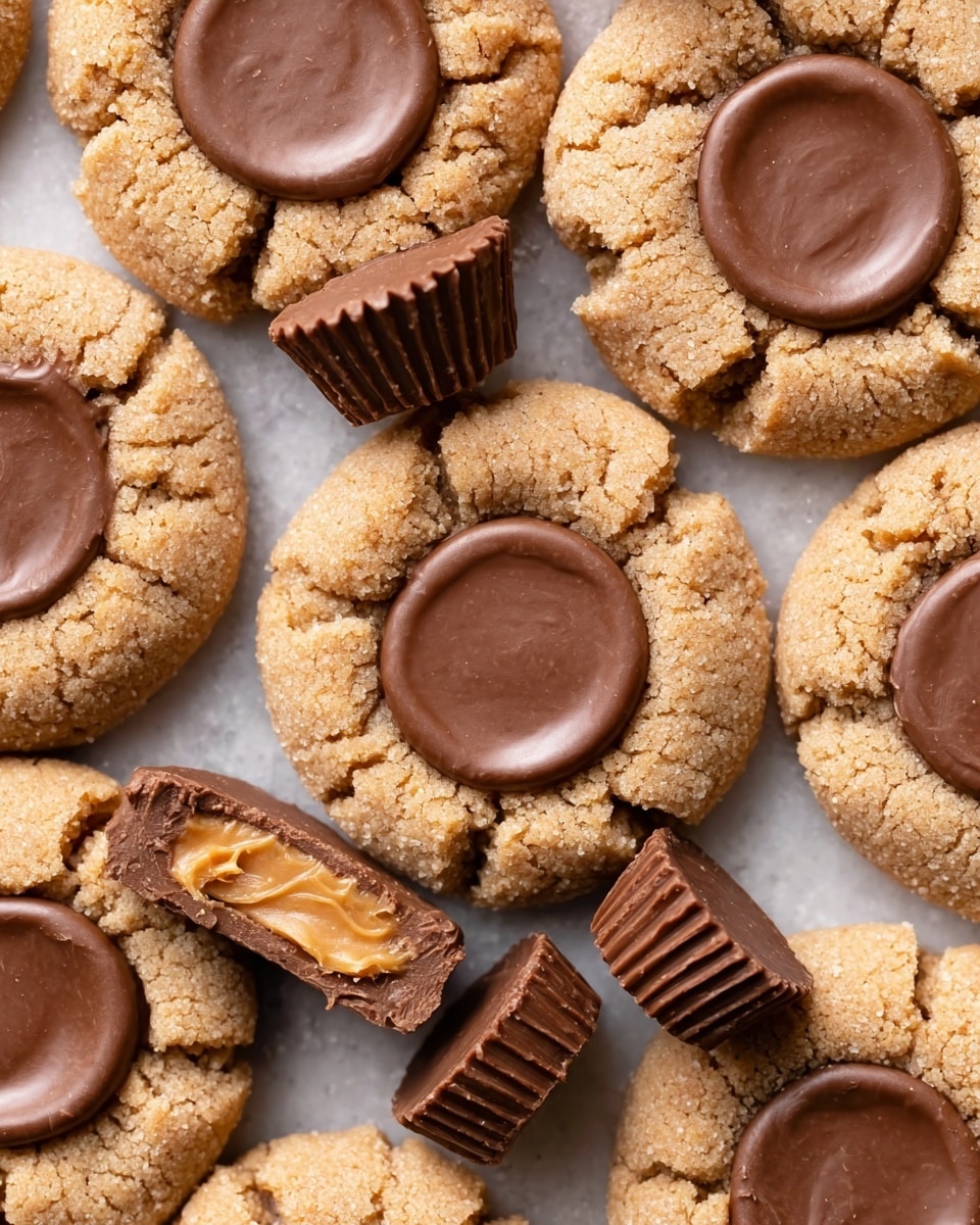 The image shows a close-up view of many peanut butter cup cookies arranged flat on a white marbled surface. Each cookie has one smooth, round, glossy milk chocolate peanut butter cup pressed in the center. The cookies have a cracked texture with a sandy light brown color and sugar coating on the edges. Some peanut butter cups are cut in half, showing a creamy peanut butter filling inside surrounded by chocolate. The cookies are placed close to each other, filling the frame. photo taken with an iphone --ar 4:5 --v 7